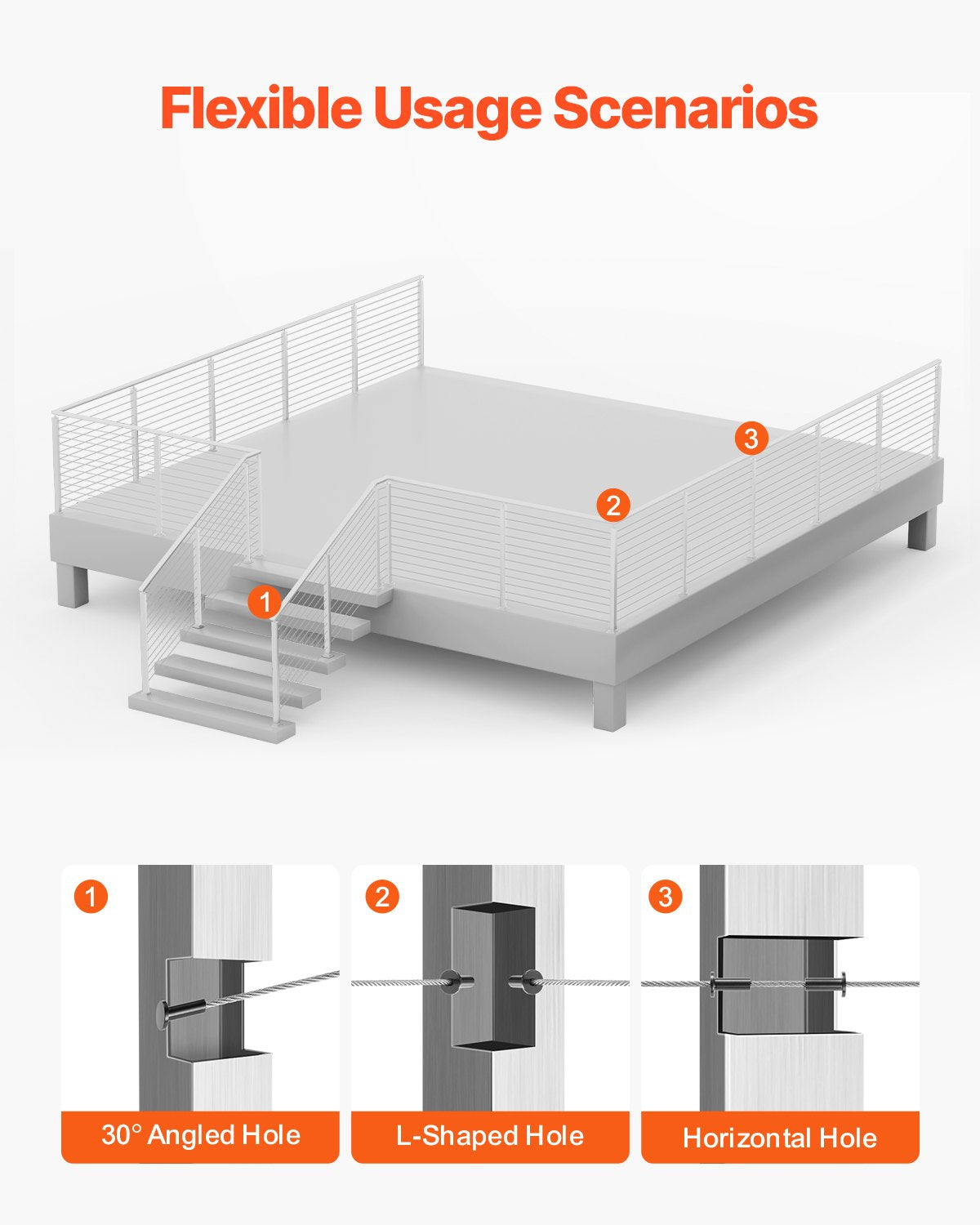 VEVOR Cable Railing Post, 42x2x2 Inch Stair Railing Post, with Pre-Drilled 30° Angled Holes, Stainless Steel Cable Rail Post with Horizontal and Curved Bracket, 1-Pack, Silver, 1JZLGZXYS1062TLWC001V0