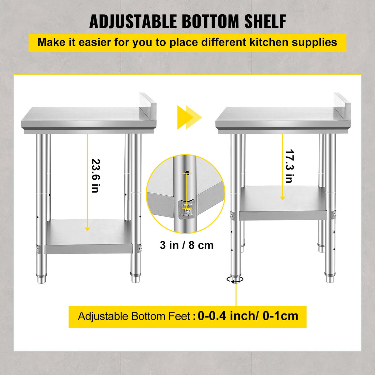 VEVOR 24 x 24 x 35 Inch Stainless Steel Work Table, Commercial Food Prep Worktable Heavy Duty Prep Worktable, Metal Work Table with Adjustable Height for Restaurant, Home and Hotel
