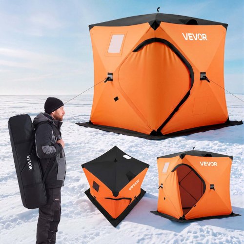 VEVOR Pop Up Ice Fishing Tent 1-2 Person 1.52x1.52x1.75 m Insulated Shelter, for Winter Fishing, 2.31 m² Area, 600D 4-Layer Fabric, Portable Hub-Style Shanty Cube with Anchors, Ropes & Carrying Bag