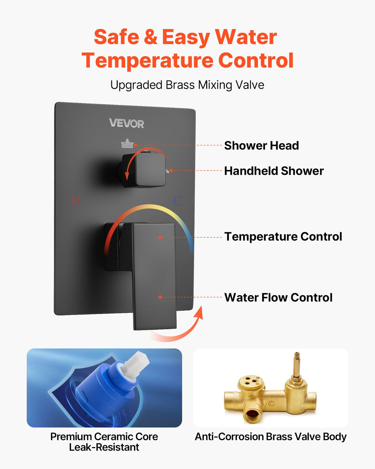 VEVOR Shower Faucet Set, Rainfall Bathroom Shower System with 10-Inch (25.4cm) Square Rain Shower Head and Handheld Spray, Wall Mounted Bath Fixtures with Brass Valve and Trim Kit, Matte Black