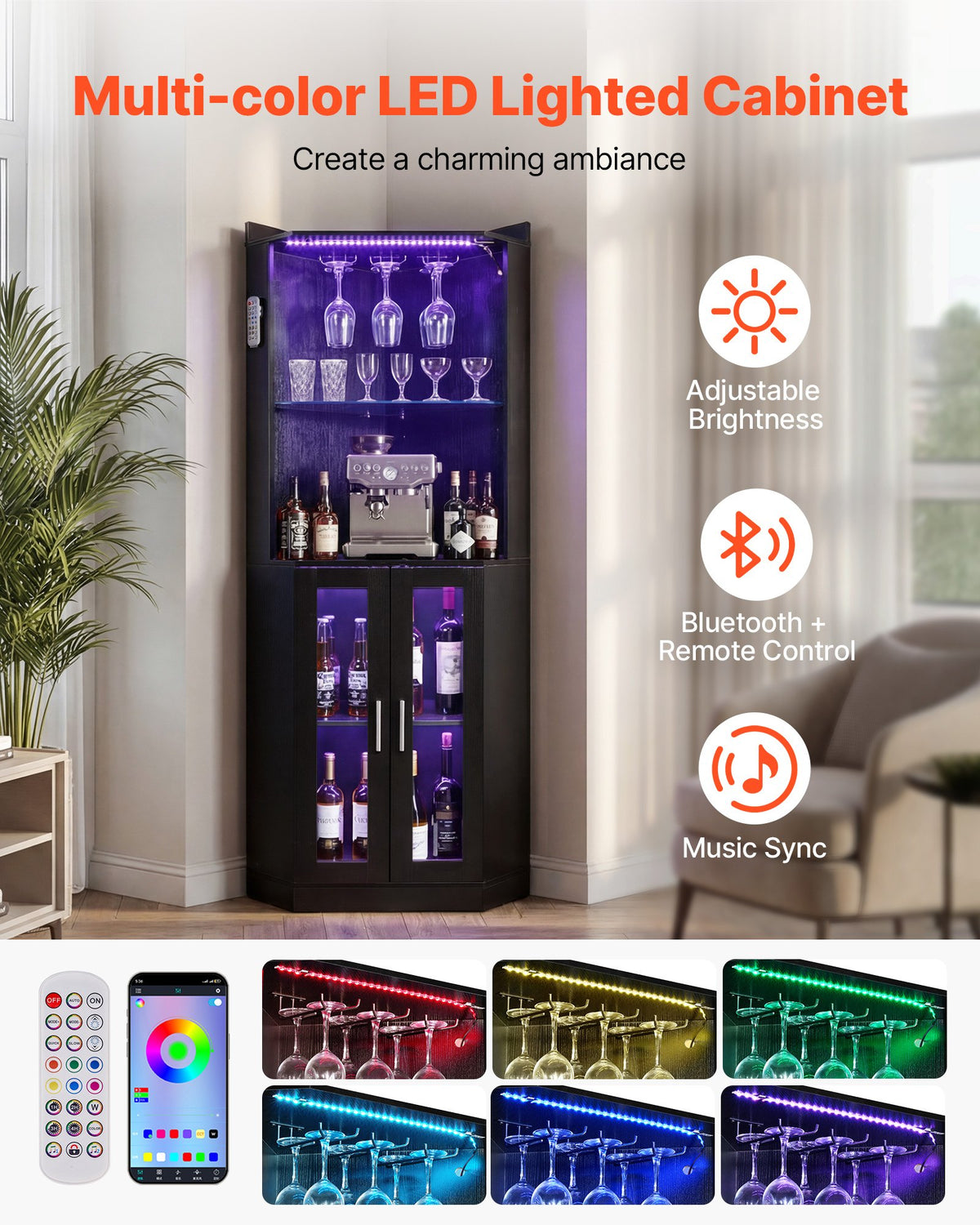 VEVOR Corner Wine Cabinet, Bar Cabinet with Ample Storage, Modern Buffet Sideboard with Glass Holder, Adjustable LED Brightness, Anti-Tip Strap, for Home Kitchen, Living Room, Dining Room, Black Wood