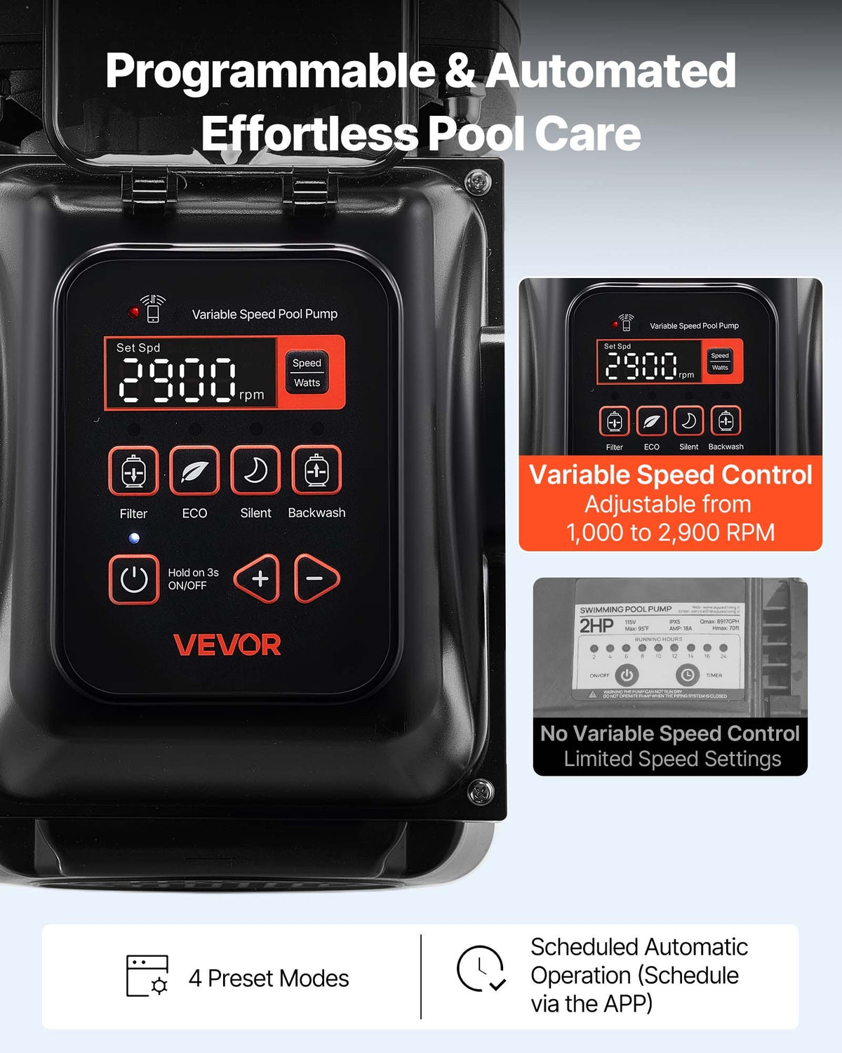 VEVOR Variable Speed Pool Pump, 1350W, AC 220-240V, 30,000 L/H, In/Above Swimming Pool Pump with Filter Basket, Powerful Self Priming, Programmable Timer, for Inground and Above Ground Swimming Pool