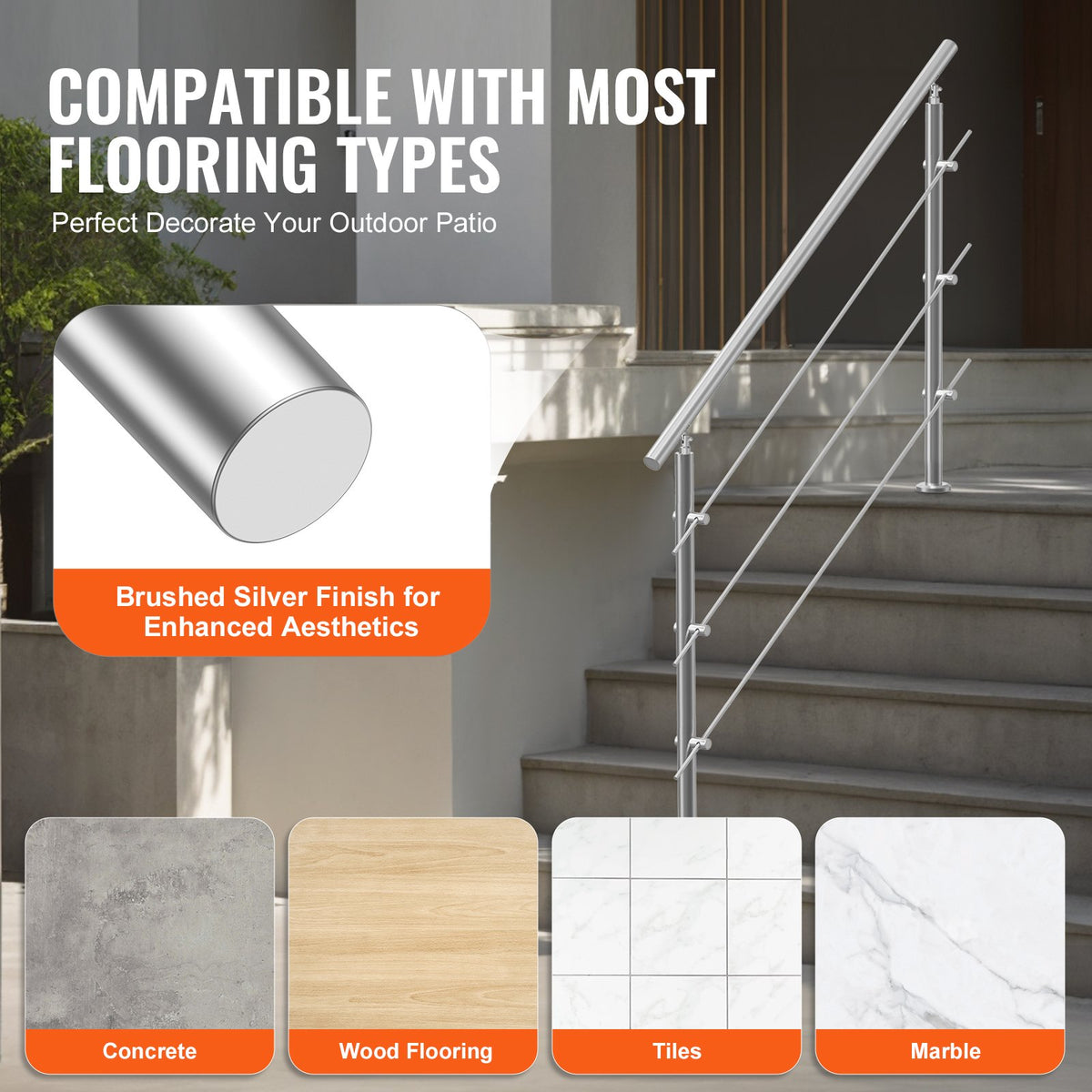 VEVOR 149.9 cm Handrails for Outdoor Steps 3 Crossbars Staircase for Porch Deck