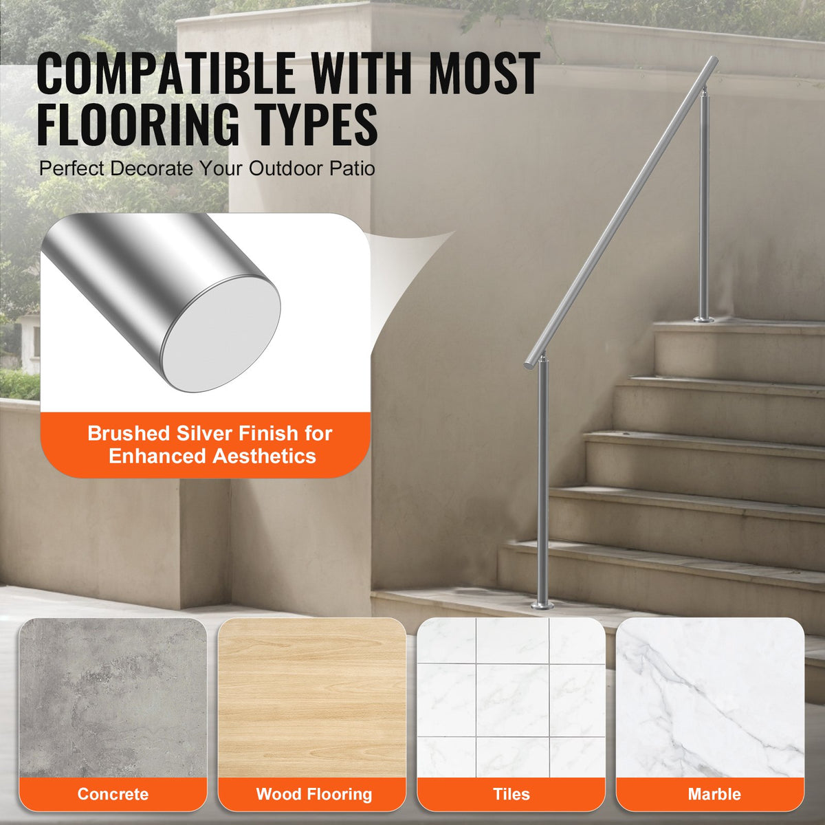 VEVOR Handrails for Outdoor Steps, 70.9 in/ 180cm Length Stair Hand Rail Kit, Transitional Stainless Steel Railings with Installation Kit, Double-column Staircase Handrails for Seniors,Porch & Deck