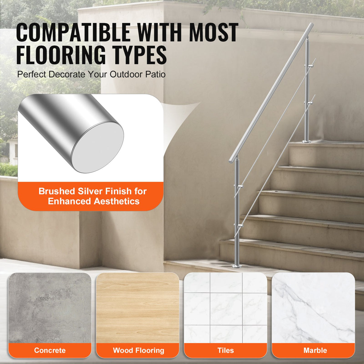 VEVOR 180.1 cm Handrails for Outdoor Steps 2 Crossbars Staircase for Porch Deck