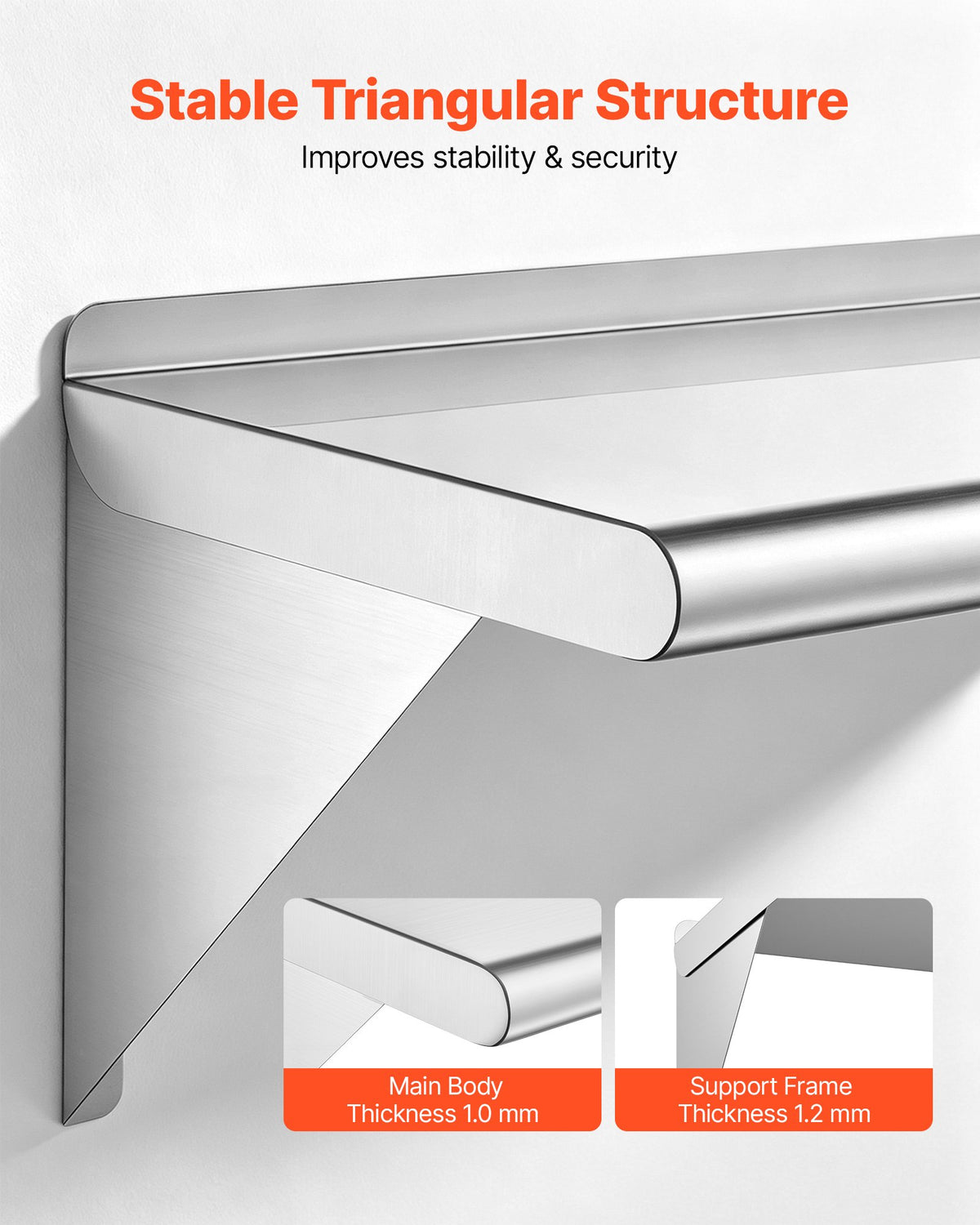 VEVOR Stainless Steel Shelf 305 x 914 mm 2-Pack Wall Mount Floating Shelf, Heavy-Duty Commercial Shelves with Brackets, 136kg Capacity, Easy to Clean for Restaurant, Home Kitchen, Garage