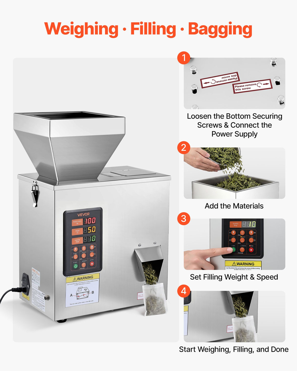 VEVOR Powder Filling Machine, 3-200g Automatic Particle Dispenser, High Accuracy, Premium Stainless Steel, Intelligent Weighing Dispensing Filler for Coffee Beans, Grains, Tea, Spices, Silver