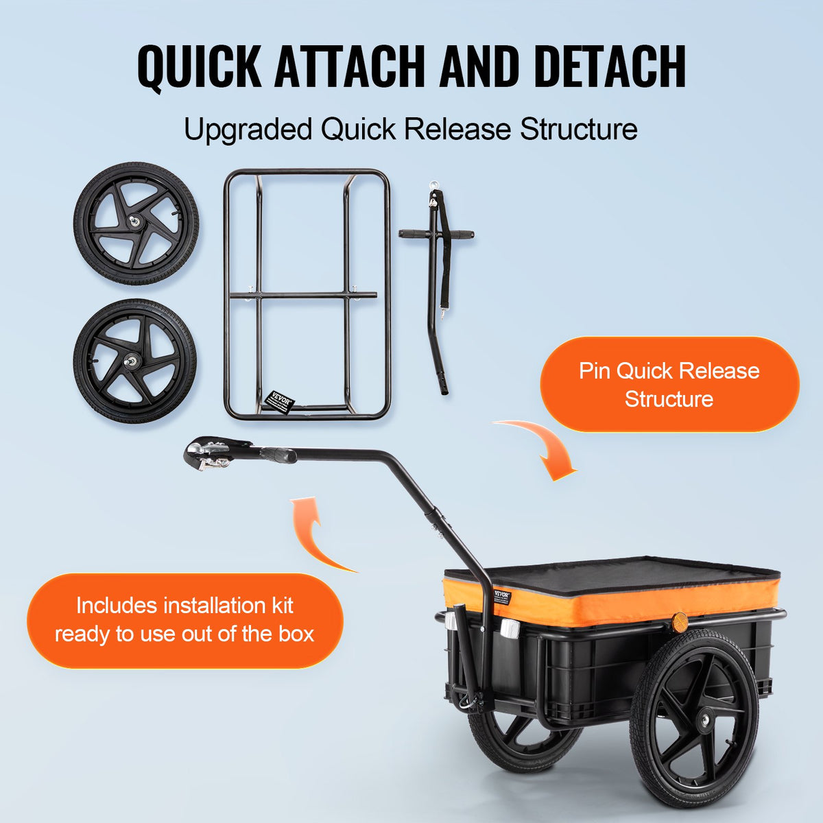 VEVOR Bike Cargo Trailer, 88 lbs/39.9 kg Load Capacity, Heavy-Duty Bicycle Wagon Cart, Foldable Compact Storage with Universal Hitch, Waterproof Cover, 16" (40.6 cm) Wheels, Safe Reflectors, Fits 24"-28" (61-71 cm) Bike Wheels