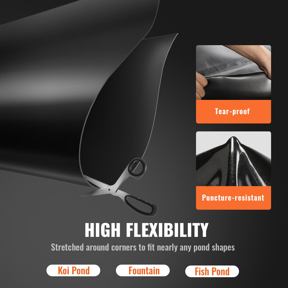 VEVOR Pond Liner, 4.6 x 6 m 1.14 mm Thickness, Pliable EPDM Material Pond Skins, Easy Cutting Underlayment for Fish or Koi Ponds, Water Features, Waterfall Base, Fountains, Water Gardens, Black