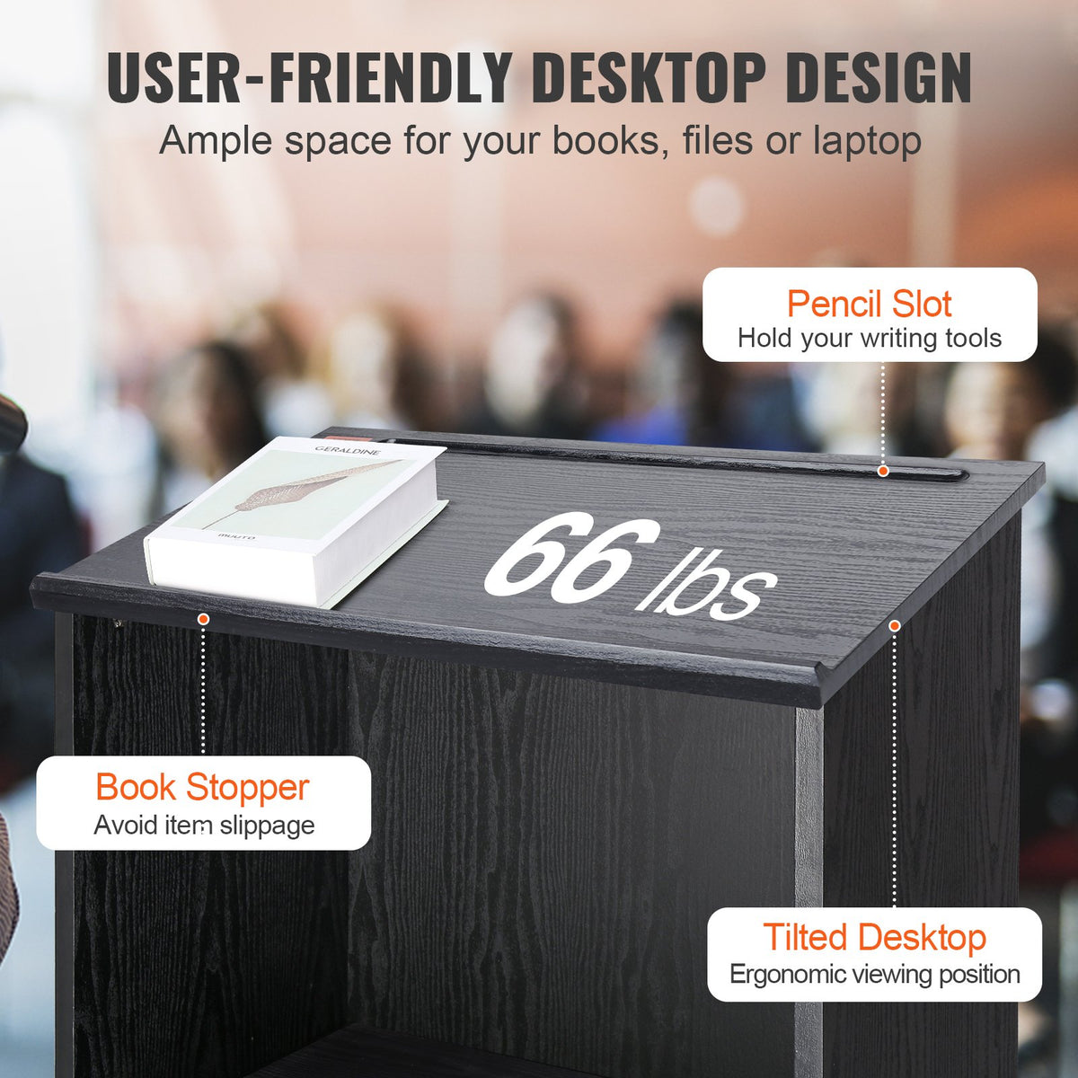 VEVOR Podium Stand, 119 cm Hostess Stand with 4 Rolling Wheels, Wood Podium with Storage Shelves, and Slant Desktop, Lecterns & Podiums for Church, Office, School, Home, Black