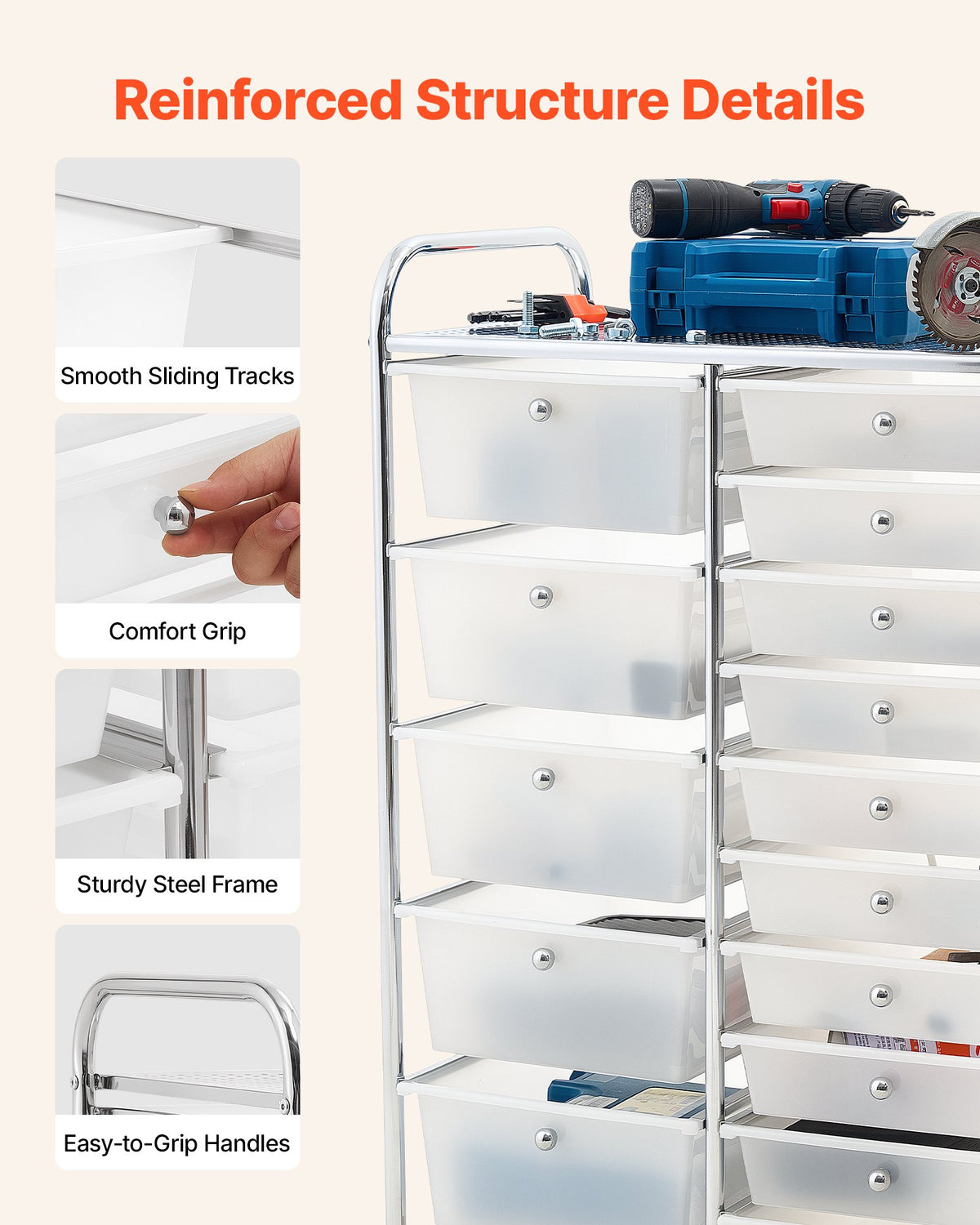 VEVOR Rolling Cart with Drawers, Double Row 15 Drawer Storage Organizer, Mobile Utility Cart with Chrome Steel Frame, Universal Casters & 2 Brakes, for Office, Classroom, Craft Room, Studio, Garage