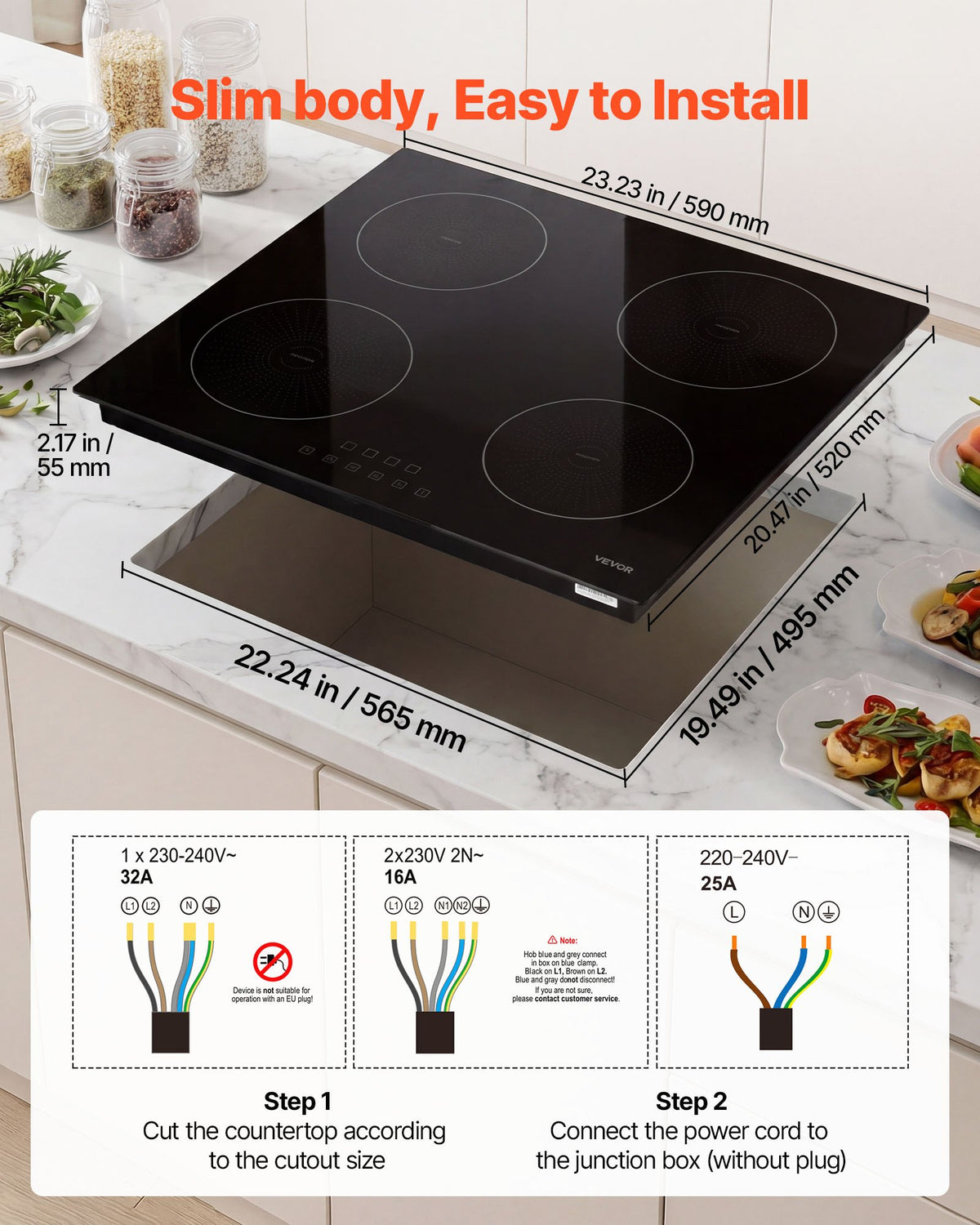 VEVOR Induction Cooktop 60 cm 4 Burners Built-in Electric Stove 220V 7000W, Low-Power Continuous Heating, Induction Burner, with 9 Power Levels, LED Touch Screen, Child Lock, for Kitchen, RV