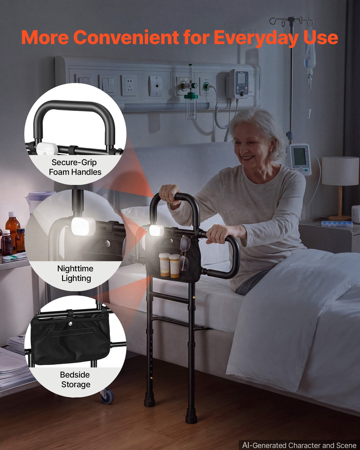 VEVOR Bed Rails for Elderly Adults Bed Side Assist Rail with Floor Support, Motion Sensor LED Light, 136kg Dual-Handle Support, Adjustable Handle Length, Storage Pocket, Fits King Queen Full Twin Bed