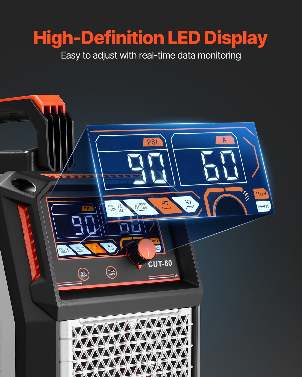 VEVOR Plasma Cutter, 60A Non-Touch Pilot Arc Plasma Cutting Machine, Digital Display IGBT Inverter - with 2T/4T Function & Adjustable PA/PT Time for Industrial Use (400V 3-Phase Power Supply)