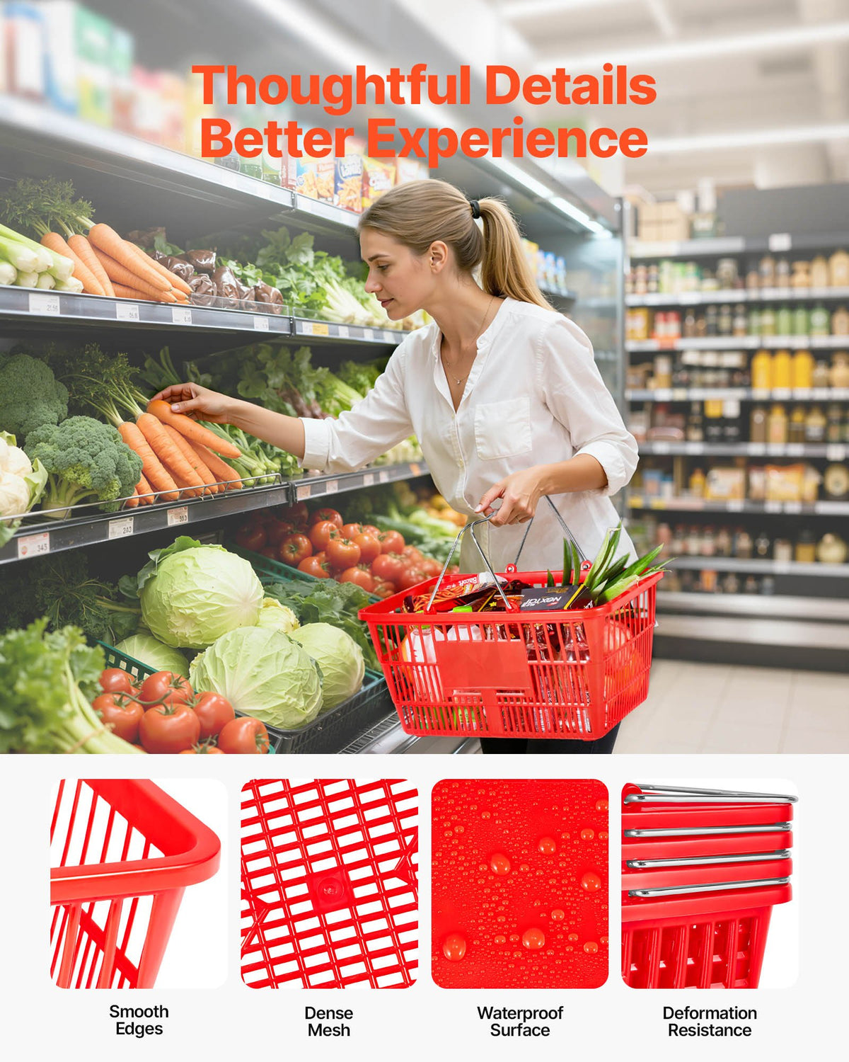 VEVOR Shopping Baskets, 12 PCS, 21L Stackable PE Plastic Grocery Baskets with Metal Handles, Dense Mesh Structure, Holds up to 9.07kg, Portable for Grocery, Retail, Stores, Supermarket, Home Use, Red