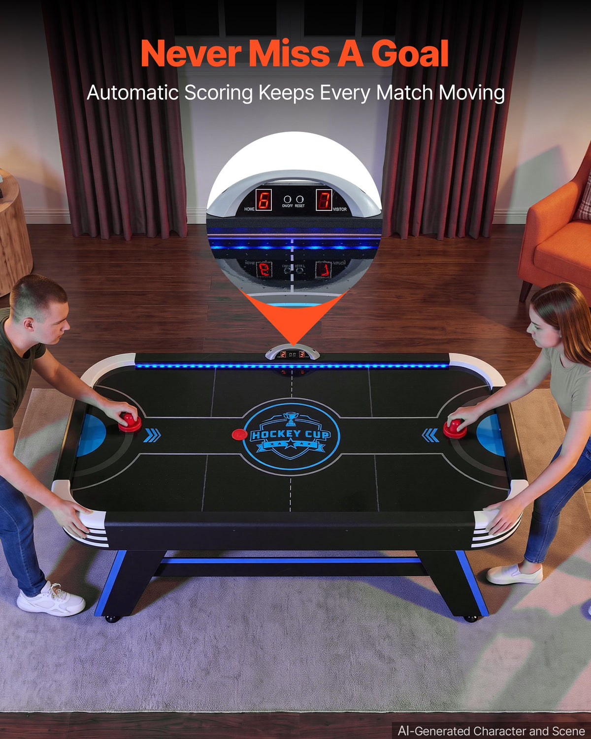 VEVOR 1.8m Air Hockey Table with LED Lights & Electronic Scorer, for Family Game Room, Basements and Home, Air Powered Hockey Arcade Game Table Set with High-powered Blower, Stable Leg