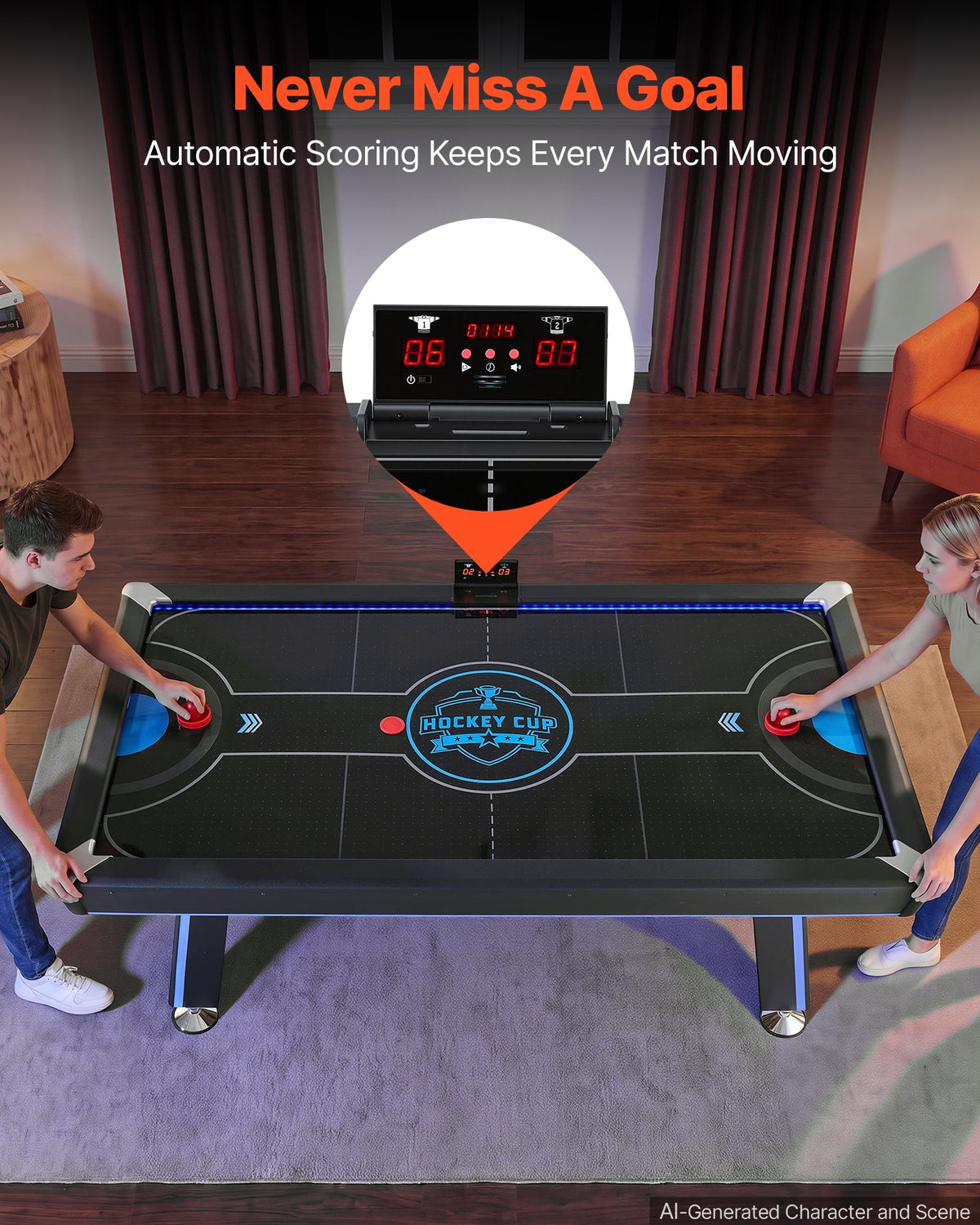 VEVOR 2.2m Air Hockey Table with LED Lights & Electronic Scorer, for Family Game Room, Basements, Home, Air Powered Hockey Arcade Game Table Set with High-powered Blower, Stable H-shaped Leg