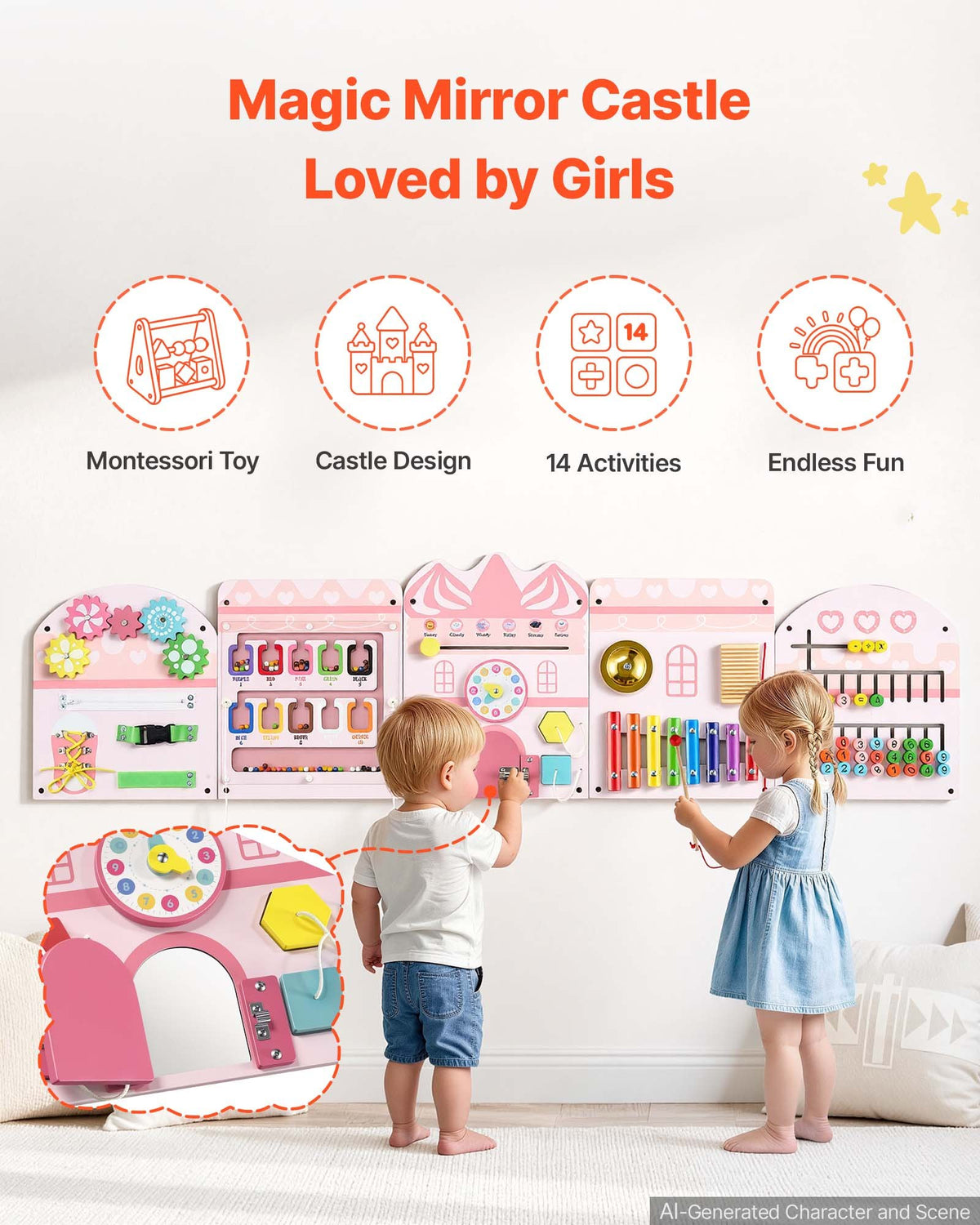 VEVOR Wall Busy Board, 14-in-1 Castle Montessori Sensory Activity Panels, Learning Activity Center for Daycare, Classroom, Playroom, and Home, Sturdy Wooden Educational Toys, with Mounting Hardware
