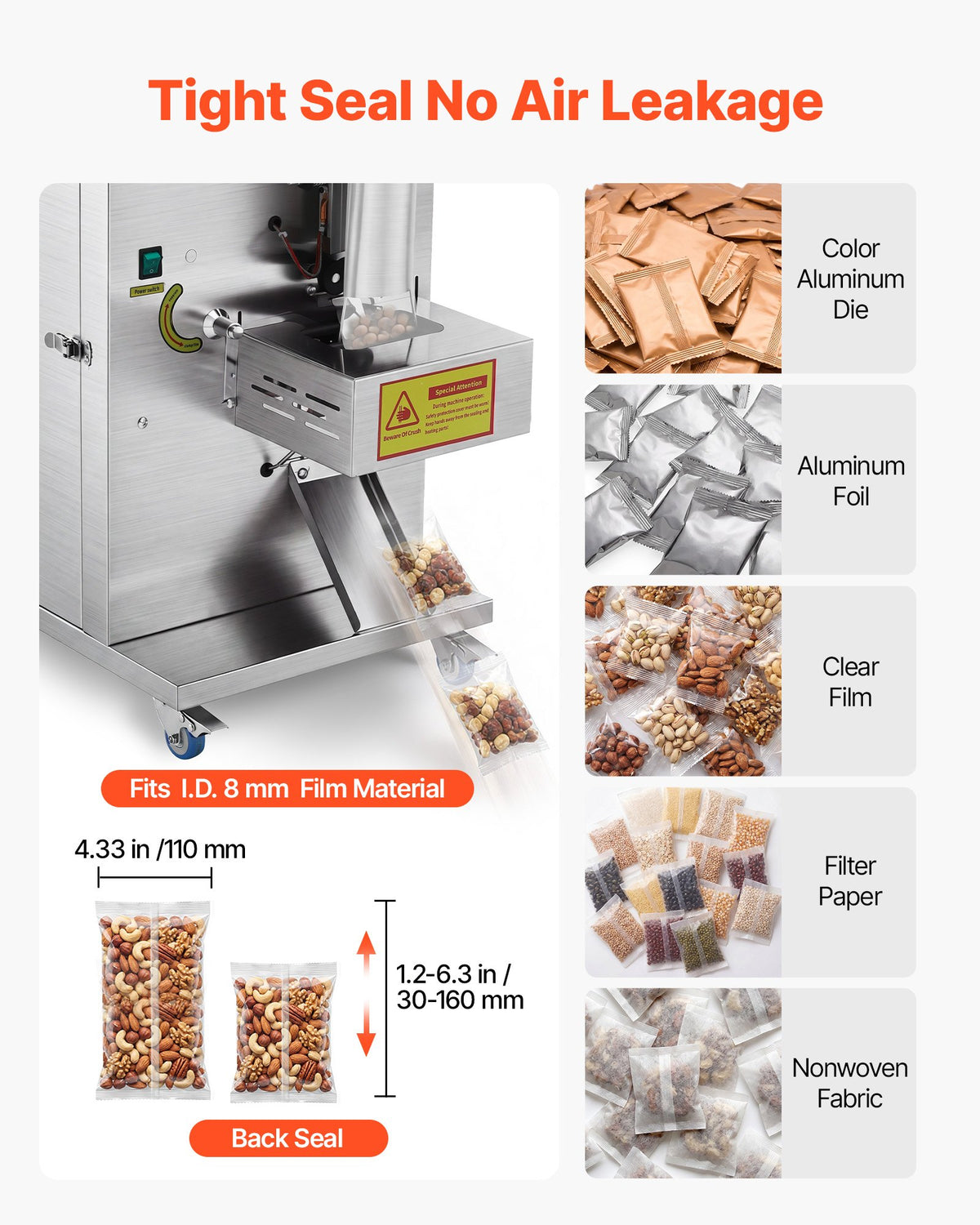 VEVOR Powder Filling and Sealing Machine, 3-200g Automatic Particle Granule Packaging Machine, Stainless Steel, Intelligent Weighing Filling Sealing, for Coffee Beans, Grains, Tea, Spices, Silver