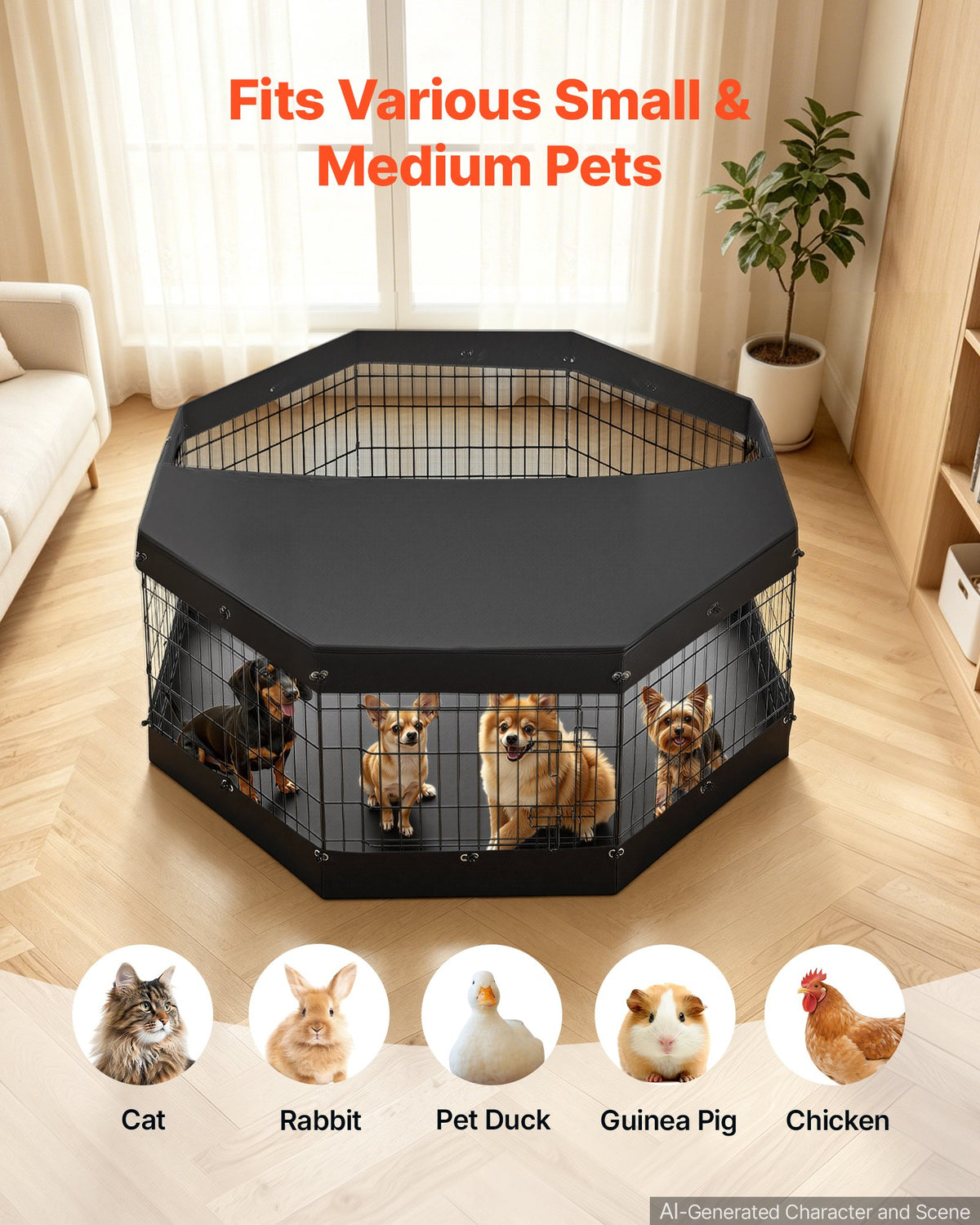VEVOR Dog Playpen 61 cm 8 Panels Exercise Pen with Top Cover & Bottom Pad, Indoor Foldable Metal Pet Fence with Door, Heavy Duty Puppy Crate Kennel Pen for Dogs, Cats, and Other Small Animals, Black