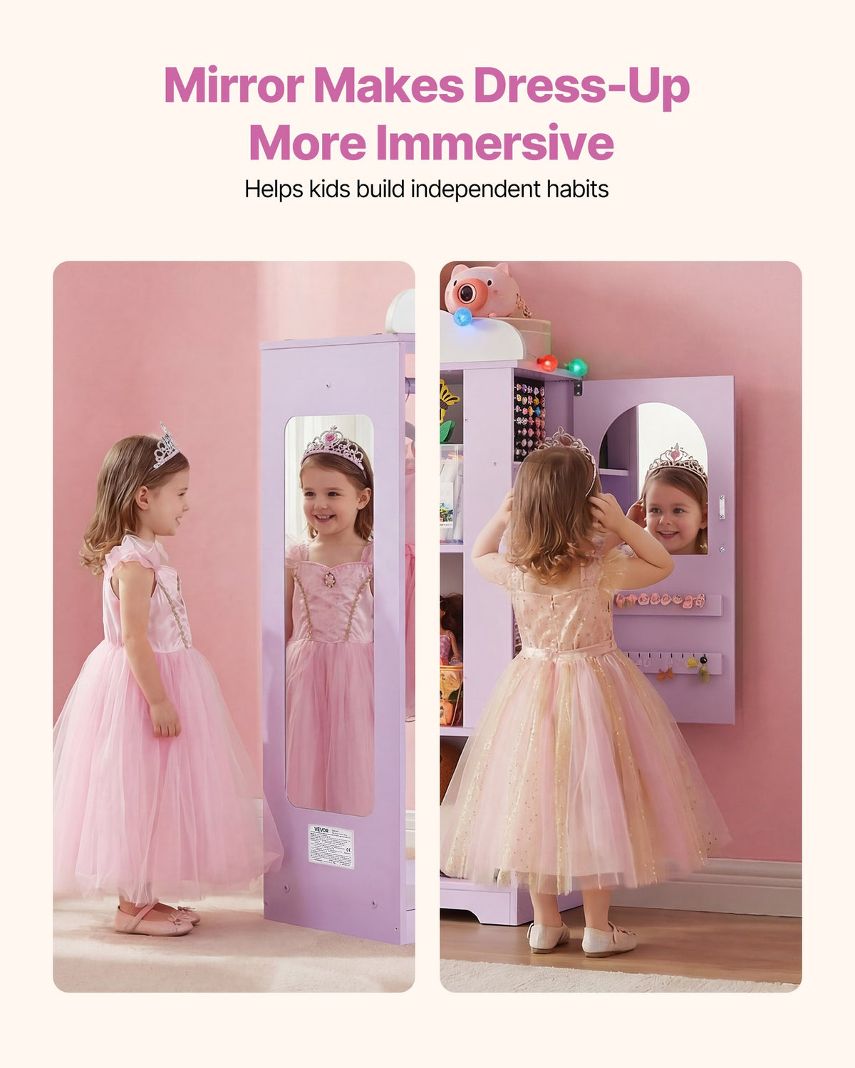 VEVOR Kids Dress Up Storage, with Jewelry Cabinet, Dress Up Closet with Mirror and Shelves, Princess Costumes Wardrobe Closet, Toddler Costume Organizer Armoire, for Bedroom, Kids Room, Girls, Purple