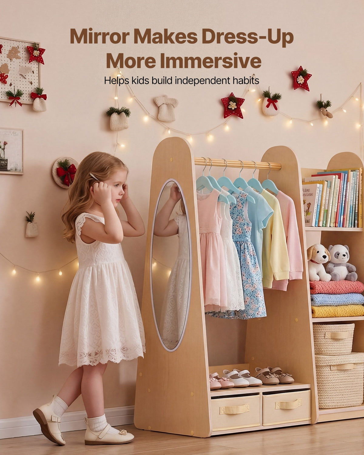 VEVOR Kids Dress Up Storage, with Mirror, Dress Up Closet, Toddler Wardrobe Closet for Little Girls, Armoire with Shelves & Bottom Tray, Costume Organizer, Toddler Room Furniture, for Bedroom, Natural