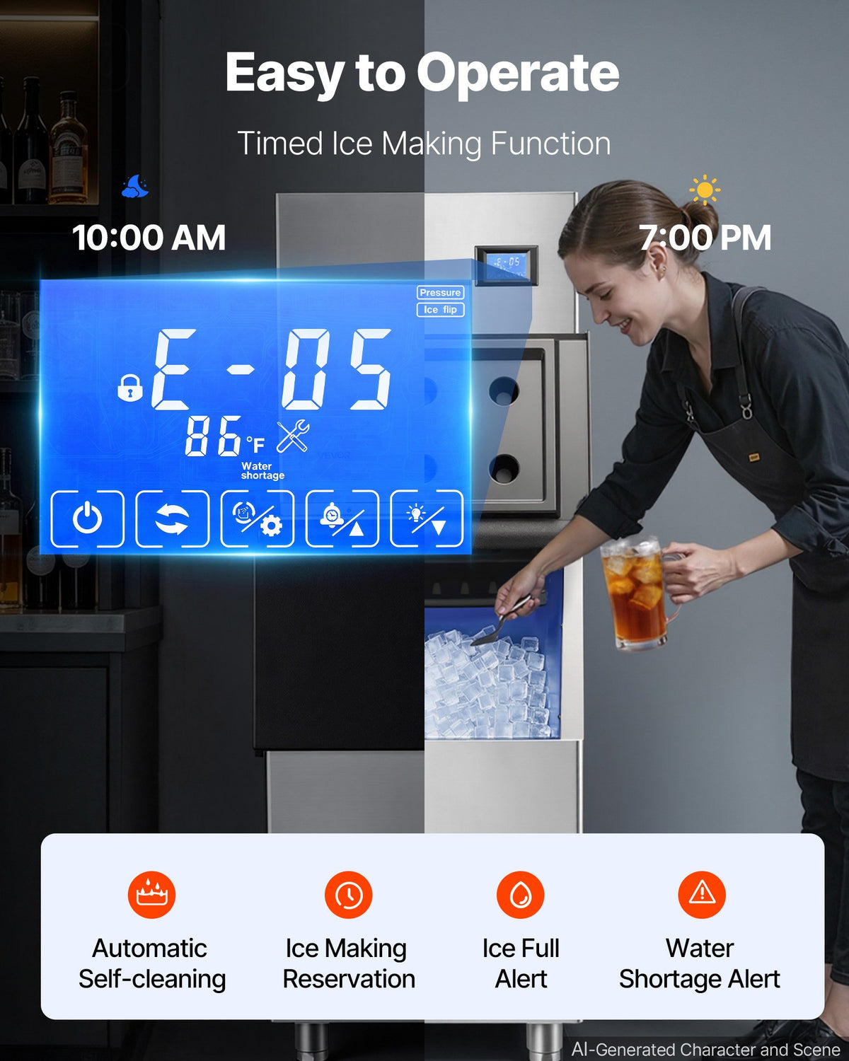 VEVOR Commercial Ice Maker Machine 254 kg/24H Ice-Making Stainless Steel, for Bar Cafe Restaurant Business, Ice Ready in 15 Mins, Freestanding with 113 kg Ice Storage Bin and Auto Self-Cleaning