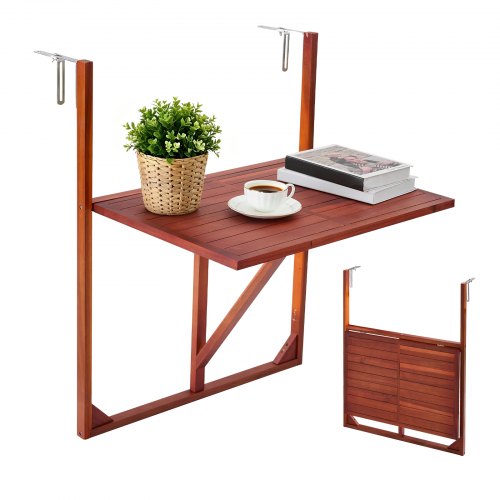 VEVOR Balcony Hanging Table 650 x 450 mm 27 kg Folding Railing Bar Table, for Outdoor Patio Garden Deck Use, Fits 0-70 mm Rails, Standing-Height Design, Durable Acacia Wood Material, Space-Saving