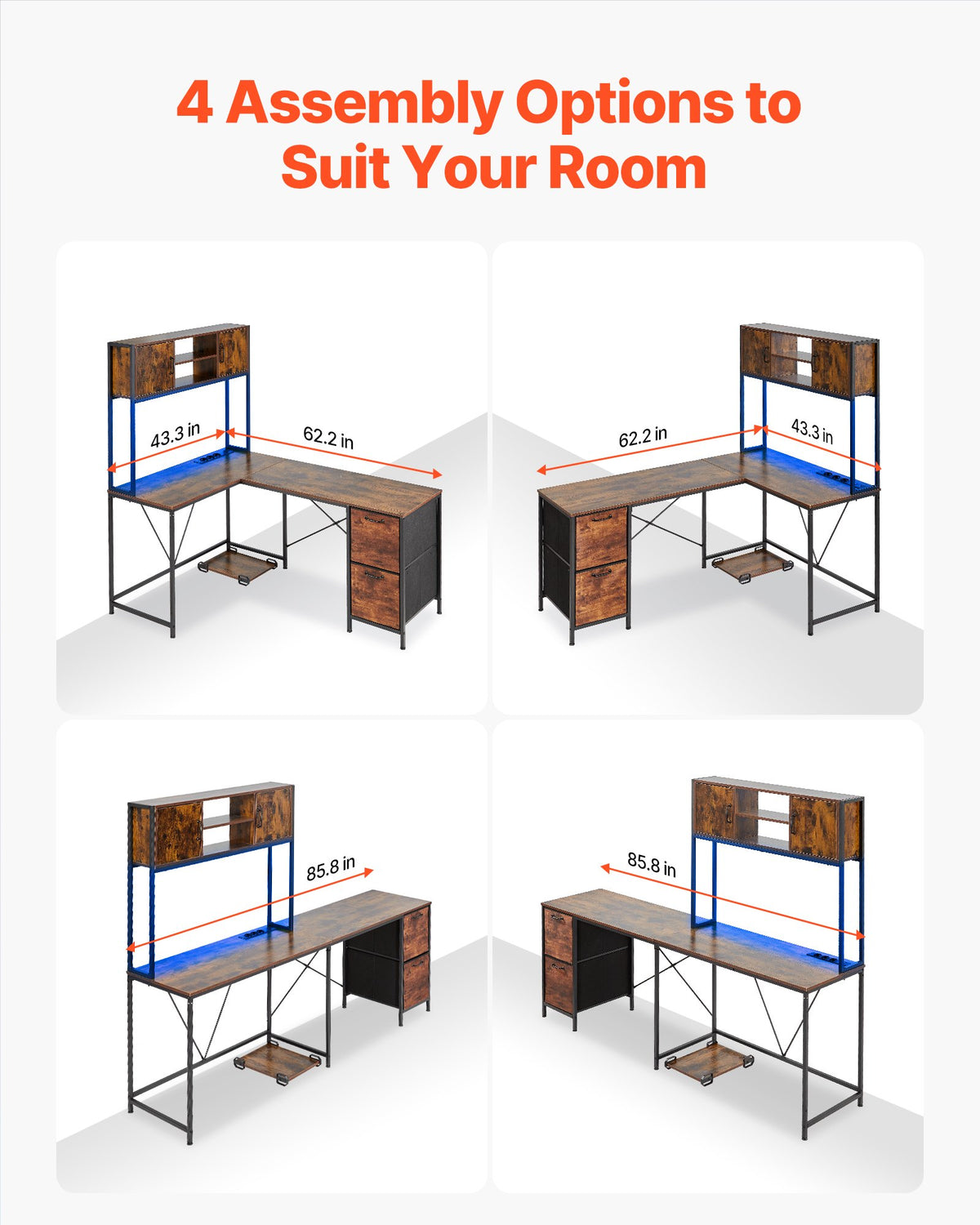 VEVOR L-Shaped Gaming Desk with LED Lights