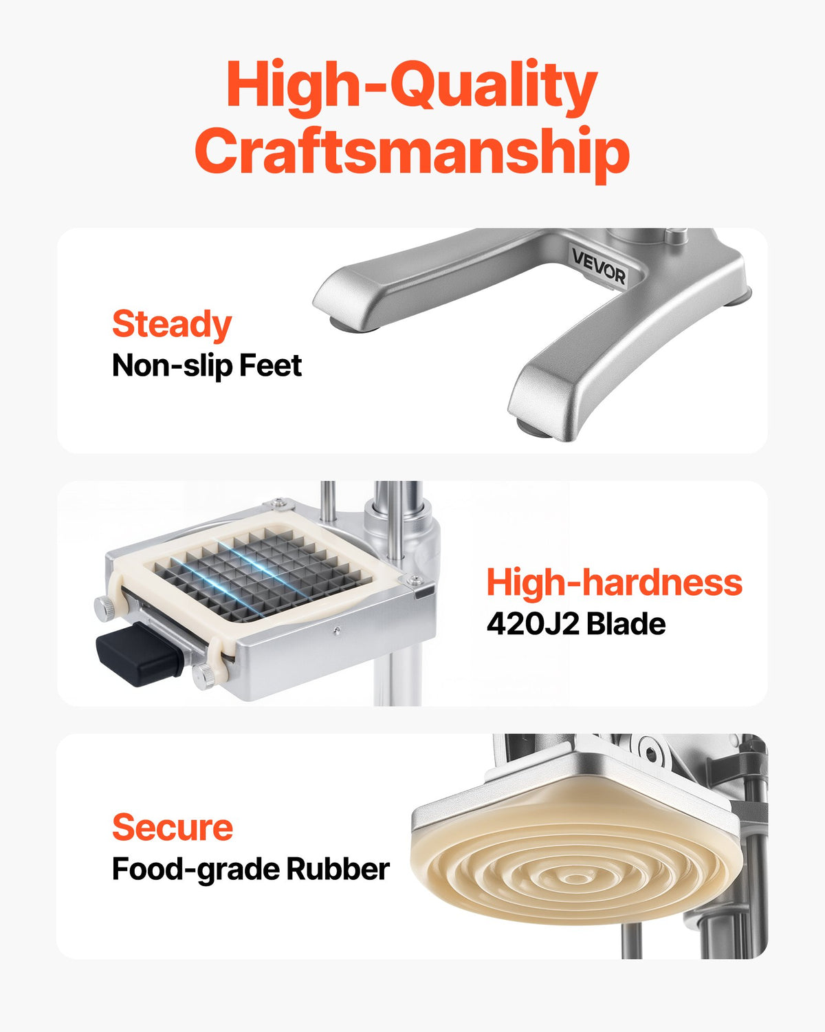 VEVOR Commercial French Fry Cutter, Stainless Steel Vegetable Fruit Chopper with 3 Replacement Blades 12.7mm 9.5mm 6.4mm, and a Juicing Blade, Manual Potato Slicer Dicer for Restaurants & Home Kitchen