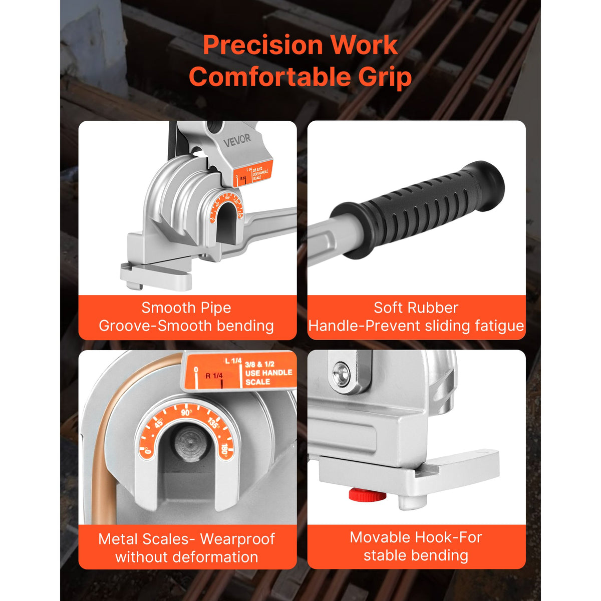 VEVOR Pipe Tube Bender, 1/4" (6.35 mm), 3/8" (9.5 mm), 1/2" (12.7 mm) OD, 3 in 1 Manual Lever Tube Bender, 180° Copper Aluminum Pipes Bending Tool for Automotive Repair, HVAC Air Conditioning