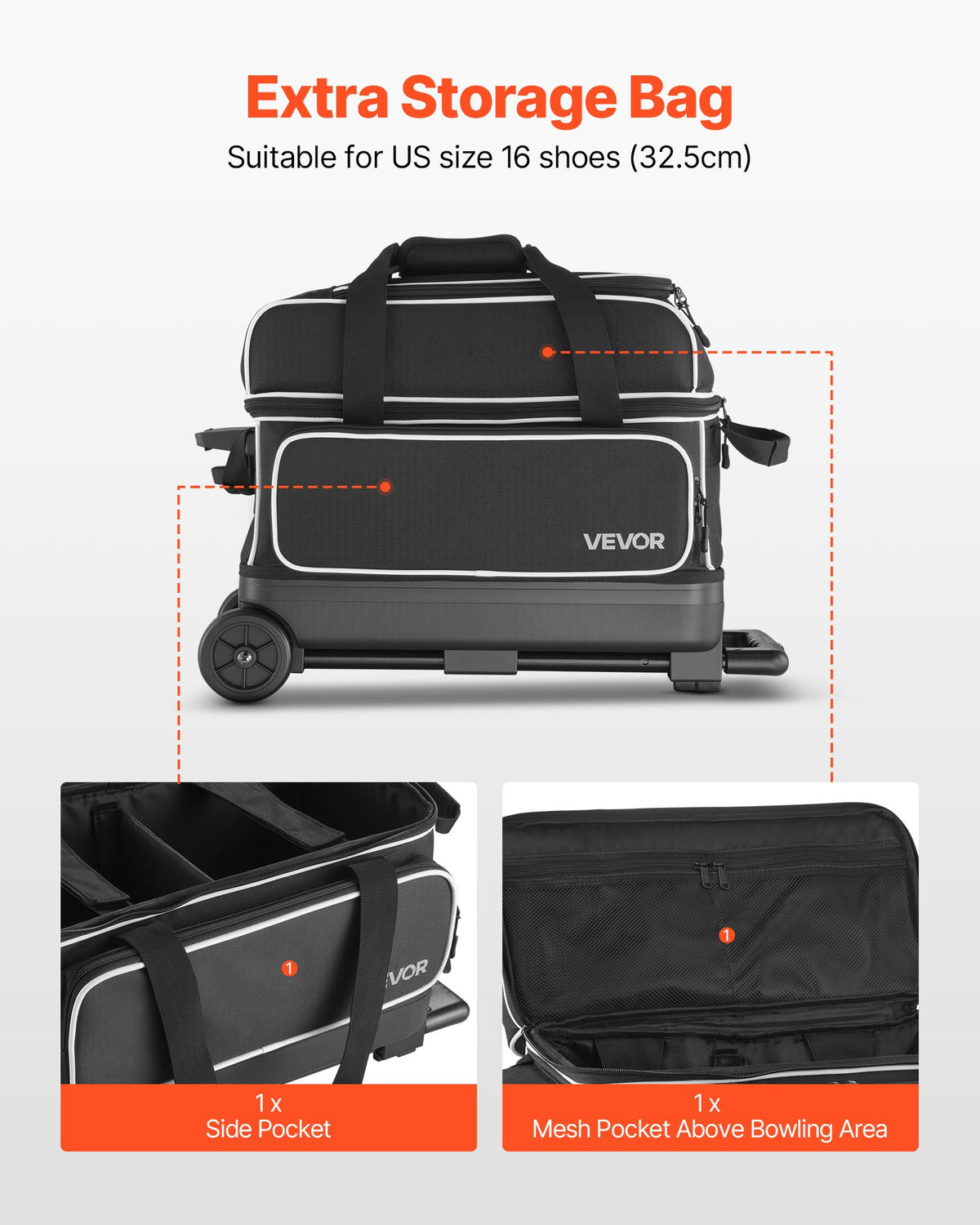 VEVOR Bowling Ball Bag, 2 Ball Double Roller Bowling Bag with Wheels, Featuring a Separate Compartment for Shoes (Up To US Size 16) & Oversized Accessory Pocket, Retractable Handle Extends to 1050 mm