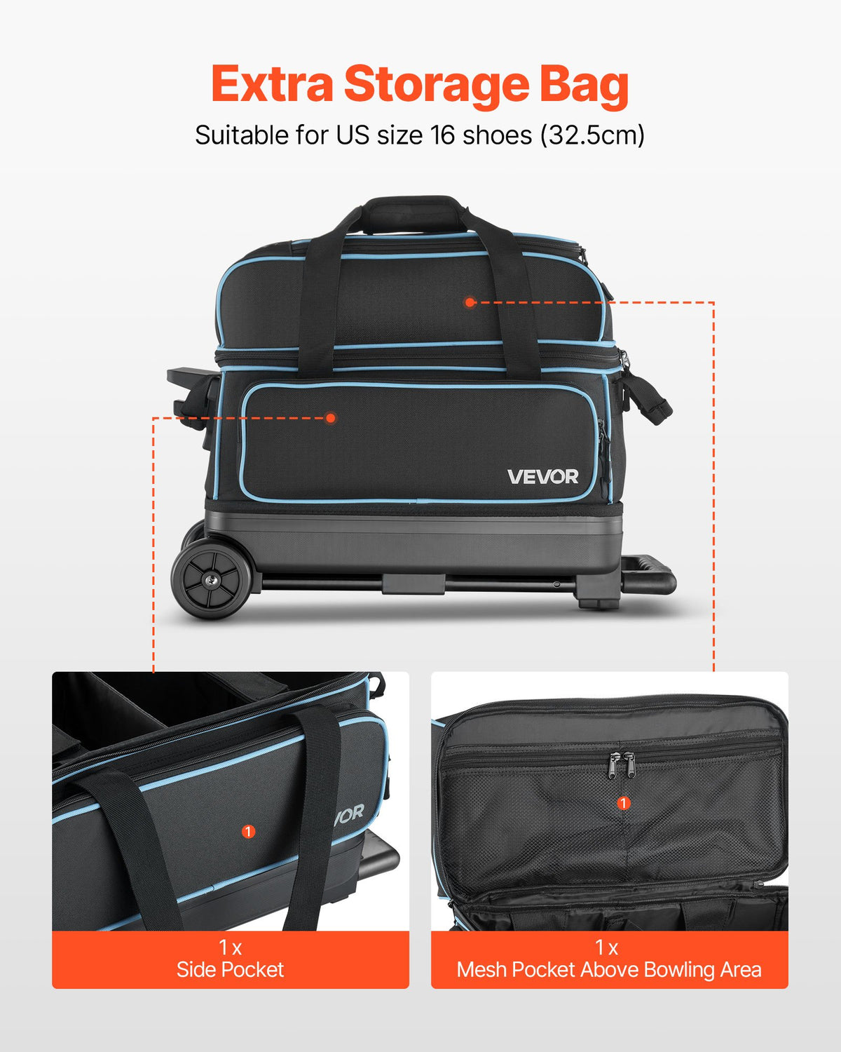 VEVOR Bowling Ball Bag, 2 Ball Double Roller Bowling Bag with Wheels, Featuring a Separate Compartment for Shoes (Up To US Size 16) & Oversized Accessory Pocket, Retractable Handle Extends to 1050 mm
