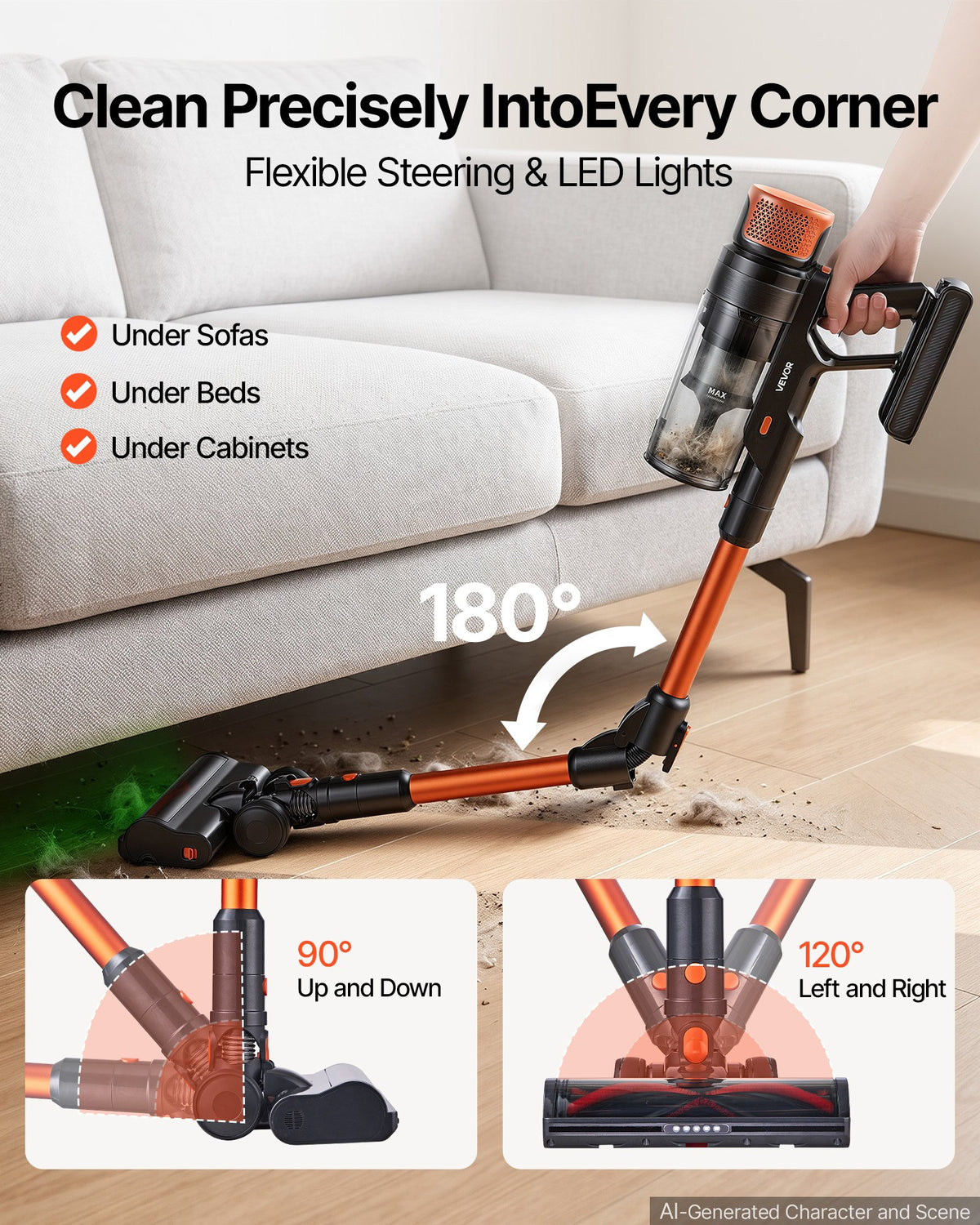 VEVOR Cordless Vacuum Cleaner 600W 50kPA Cordless Stick Vacuum Cleaner, For Home Hard Floor Carpet Pet Hair, 50-Min Runtime, Rechargeable, Lightweight Handheld, with LED Display, 4 Brush Heads
