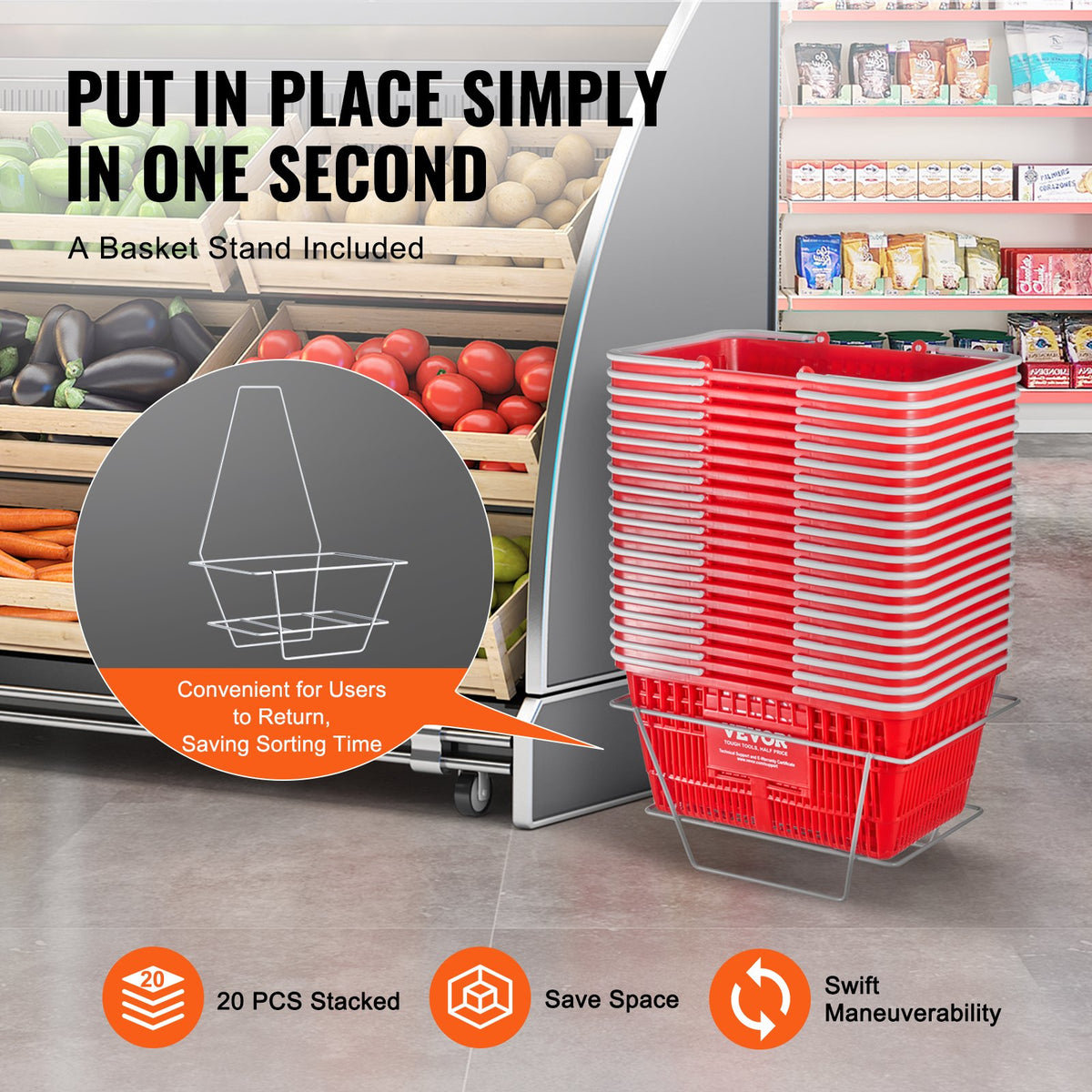 VEVOR Shopping Basket, Set of 20, 21L Durable Plastic Grocery Basket with Handle and Stand, 16.5 x 11.8 x 8.27 inch Portable Shop Basket Bulk Used for Retail Store Supermarket Grocery Shopping, Red