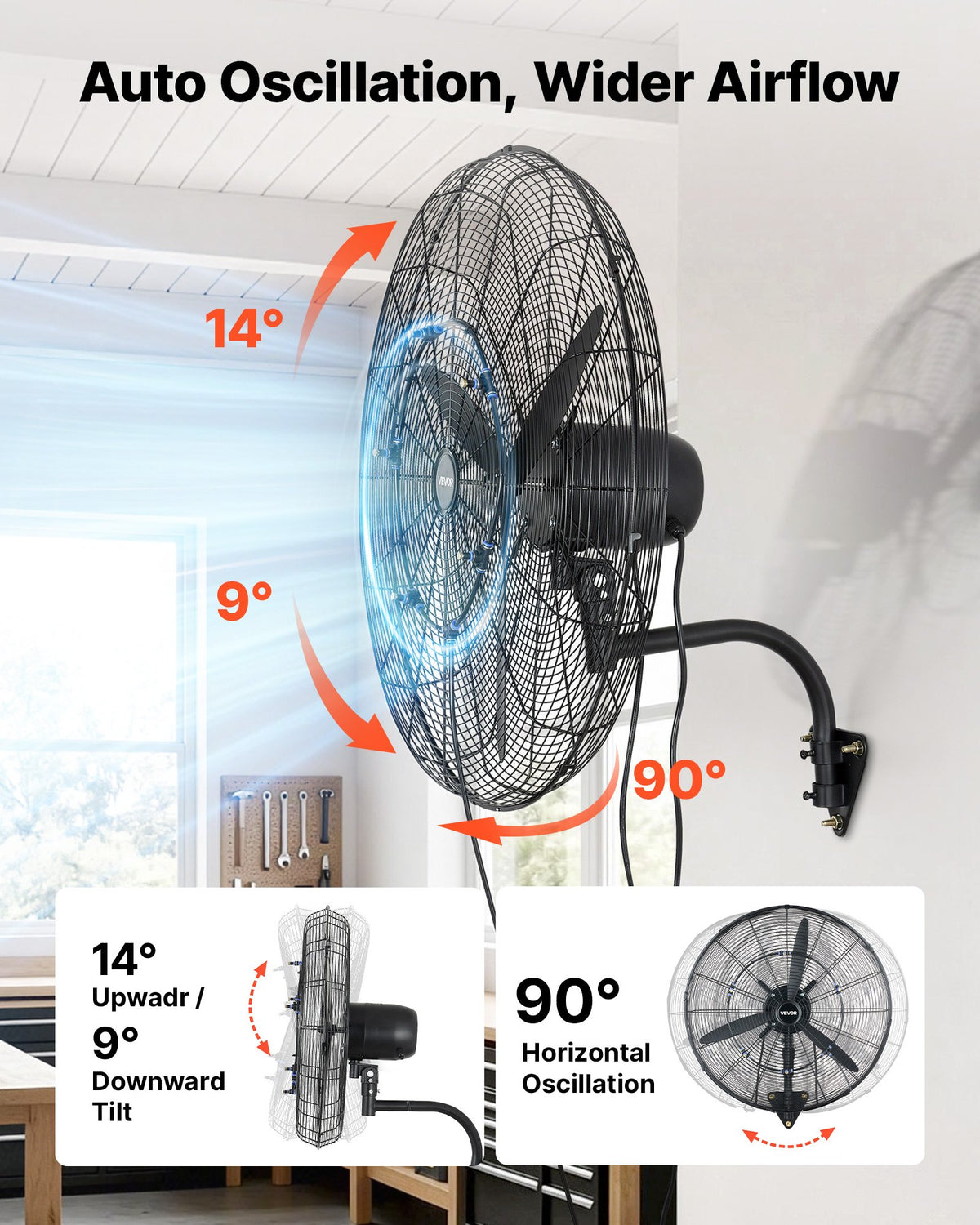 VEVOR Wall Mount Fan, 760 mm Wall Mounted Hanging Fan with Oscillating & Mist, IP44-rated, 3-Speed, Powerful Air Reach, Mechanical Control, Long Airflow for Industry, Commercial, Garage, Workshop, Gym