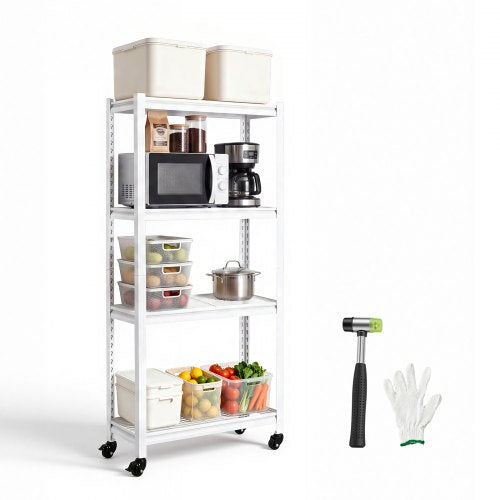 VEVOR Storage Shelves, 4-Tier Garage Shelving Wheels 76.2 x 31.3 x 160 cm, for Garage, Basement, Warehouse, Kitchen, 362.9 kg Static Load, Heavy-Duty Metal Unit, Adjustable Racks, with Gloves, White