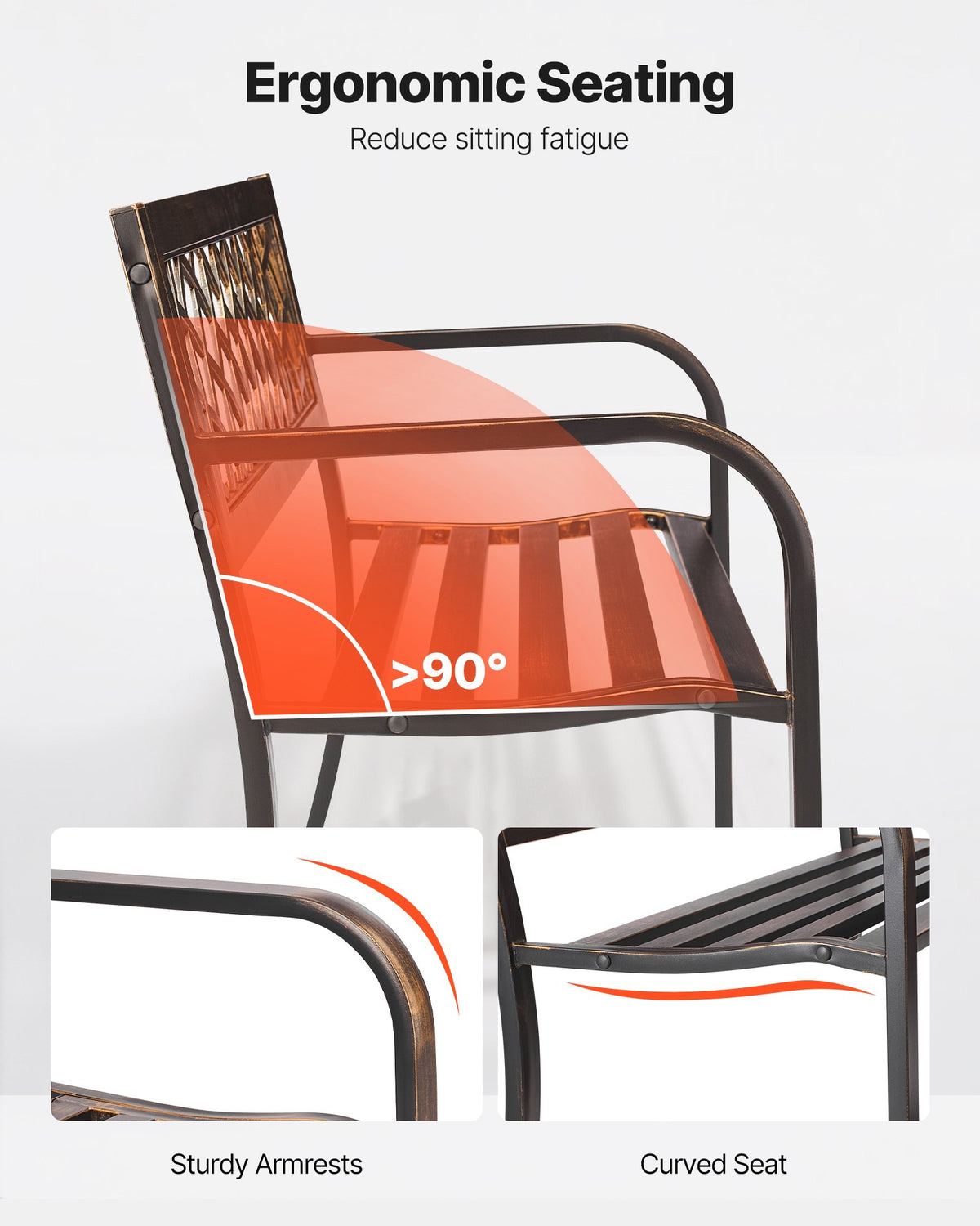 VEVOR Outdoor Bench, 116 cm, Carbon Steel Metal Frame with PVC Mesh Pattern Backrest and Round Edge Armrests, Weatherproof Outside Bench for Patio, Garden, Park, Yard, Front Porch, Antique Bronze