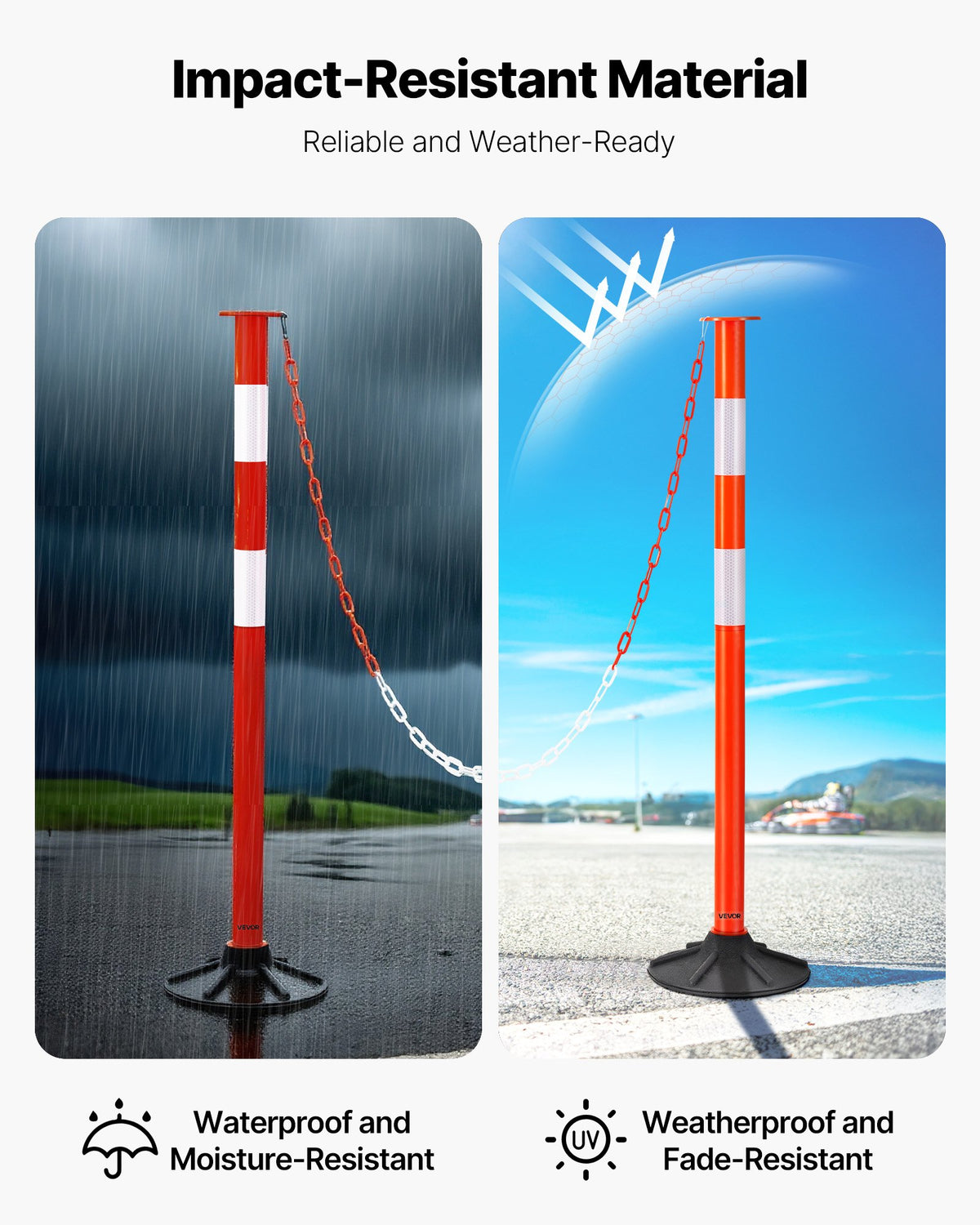 VEVOR 3 Pack Traffic Delineator Posts, 871 mm Traffic Safety Cones with Weighted Base, Reflective Strips and Chain, Heavy Duty Delineator Posts for Construction Site, Parking Lot, Crowd Control, Red