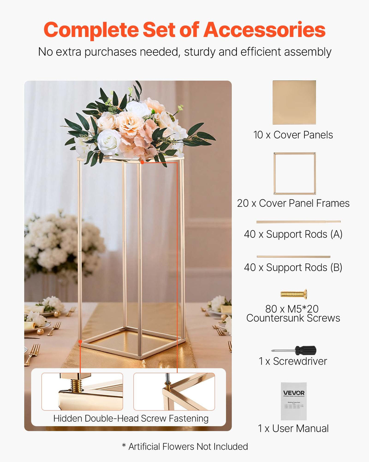 VEVOR Wedding Flower Stand, 10PCS 23.62-inch Column Flower Stand, Floral Stands with Metal Laminate, Rectangular Floral Display Rack for Wedding, Party, Birthday, Home, French Gold Stands