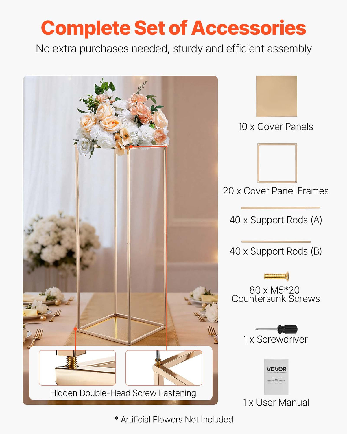 VEVOR Wedding Flower Stand, 10PCS 31.5-inch Column Flower Stand, Floral Stands with Metal Laminate, Rectangular Floral Display Rack for Wedding, Party, Birthday, Home, French Gold Stands