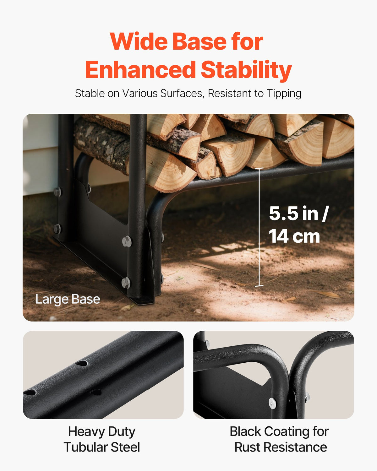 VEVOR Firewood Rack with Waterproof Cover, 2.57m Outdoor Firewood Holder, 1/2 Cord Storage Metal Log Holder, 299kg Max Weight Capacity, Top Covered, Powder-Coated Wood Storage Rack for Fireplace Deck