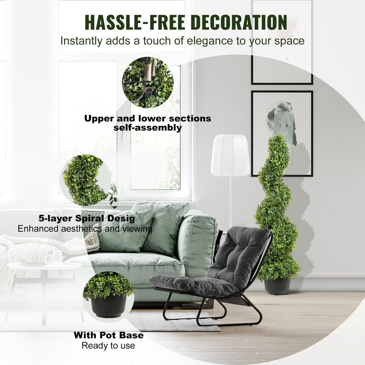 VEVOR Artificial Topiaries Boxwood Trees, 3ft Tall (2 Pieces) Faux Topiary Plant Outdoor, All-year Green Feaux Plant w/ Replaceable Leaves for Decorative Indoor/Outdoor/Garden