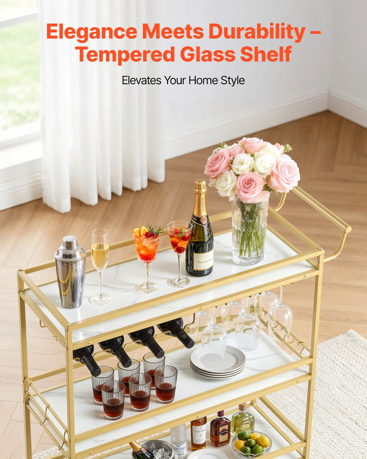 VEVOR Bar Cart, 3 Tiers Home Kitchen Serving Carts, Modern Rolling Utility Station on Wheels, Mobile Drink Beverage Trolley with Wooden Shelf, Wine Rack, and Glass Holder, 910x330x935mm, Gold
