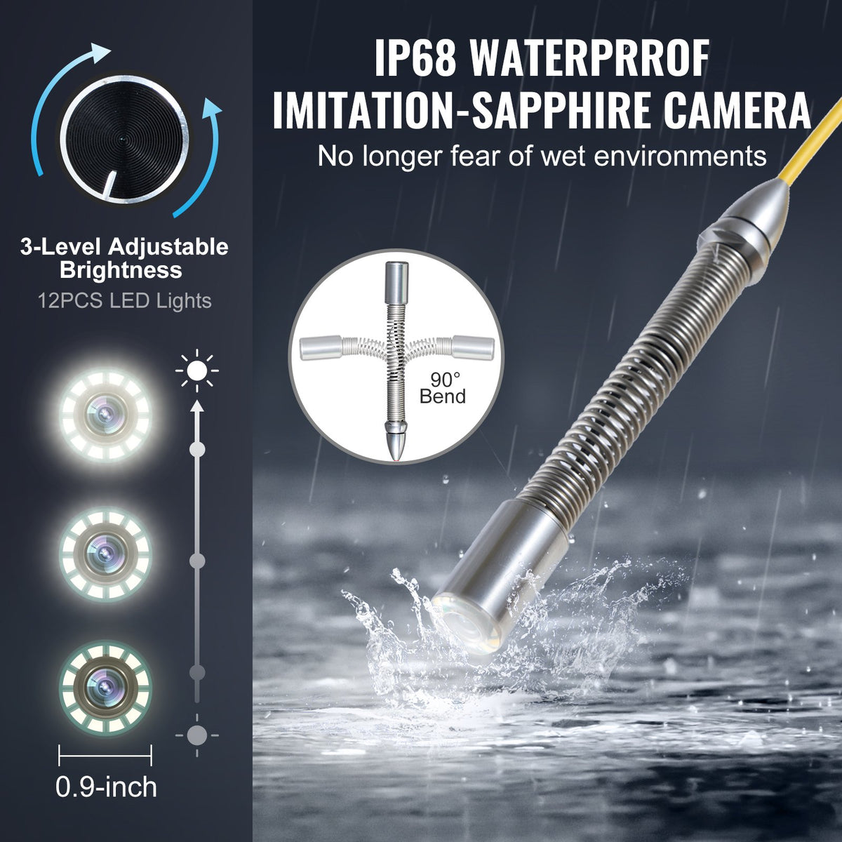 VEVOR Sewer Camera, 165 ft/50m, Self-Leveling Drain Camera with 10.1" Touchscreen, 512Hz Transmitter & Distance Counter, IP67 Snake Plumbing Camera with Lights-12 LED, 32GB Card for Duct Pipe
