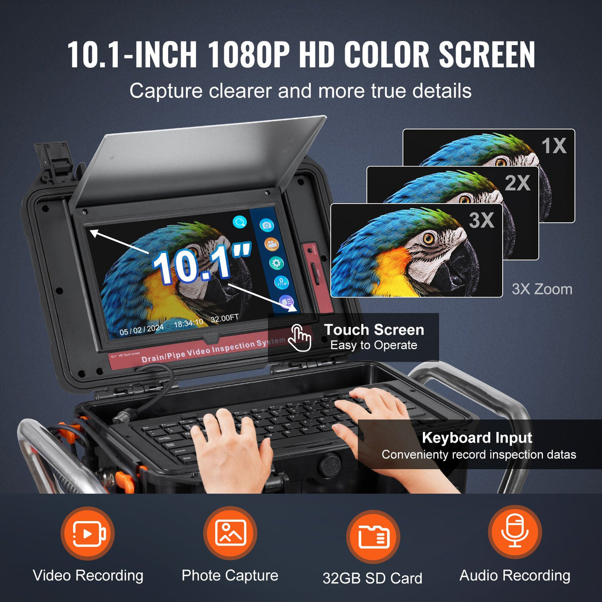VEVOR Sewer Camera, 328 ft/100m, Self-Leveling Drain Camera with 10.1" Touchscreen, 512Hz Transmitter & Distance Counter, IP67 Snake Plumbing Camera with Lights-12 LED, 32GB Card for Duct Pipe