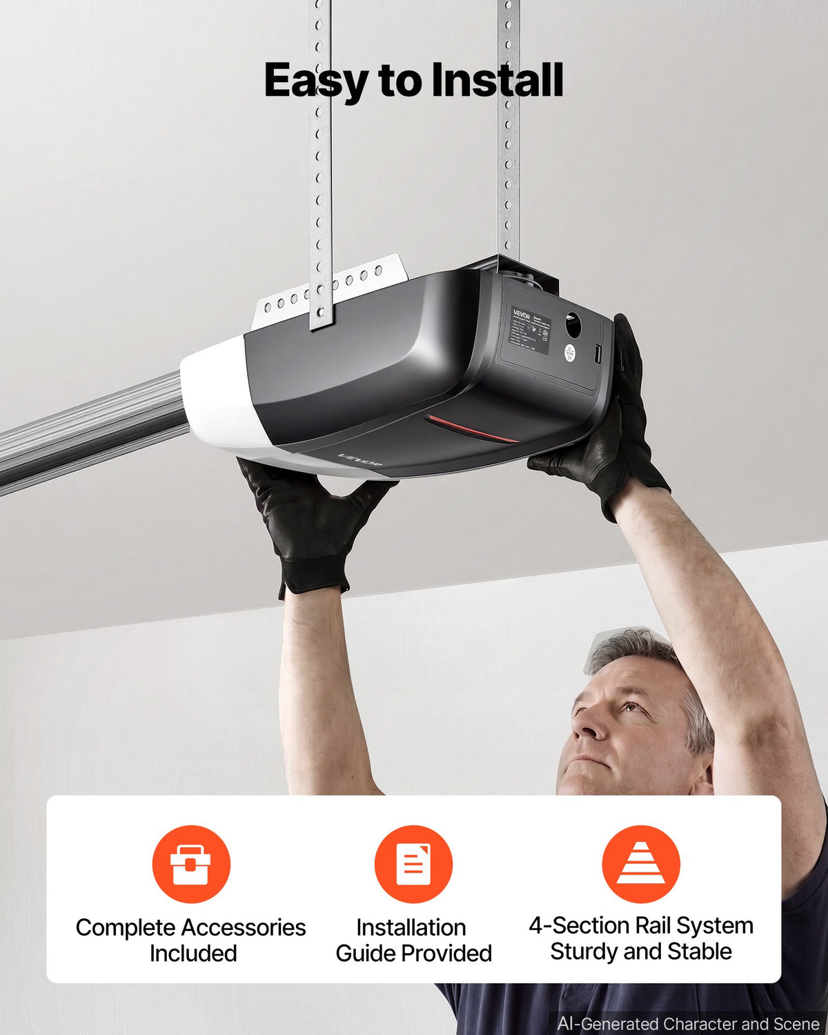VEVOR Garage Door Opener 1000N Pulling Force Ultra-Quiet Belt Drive Opener, for Residential Garage, Includes Durable 4-Section Rail, 2 Remotes & LED Lighting, One-Touch In-Car Control, Black & White