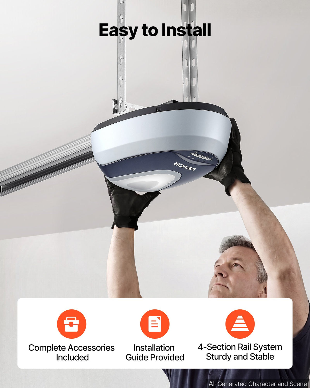 VEVOR Garage Door Opener 600N Pulling Force Ultra-Quiet Belt Drive Opener, for Residential Garage, Includes Durable 4-Section Rail System, 2 Remotes and Bright LED Lighting, One-Touch In-Car Control