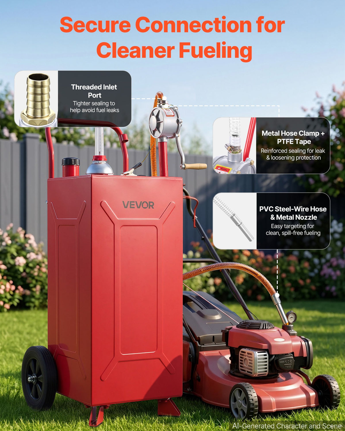 VEVOR 113.6L Fuel Gas Caddy, Carbon Steel, Portable Fuel Transfer Storage Tank with Manual Pump & 2 Rolling Wheels, Gasoline Diesel Can Container, for Cars, Lawn Mowers, ATVs, Boats, Motorcycles, Red
