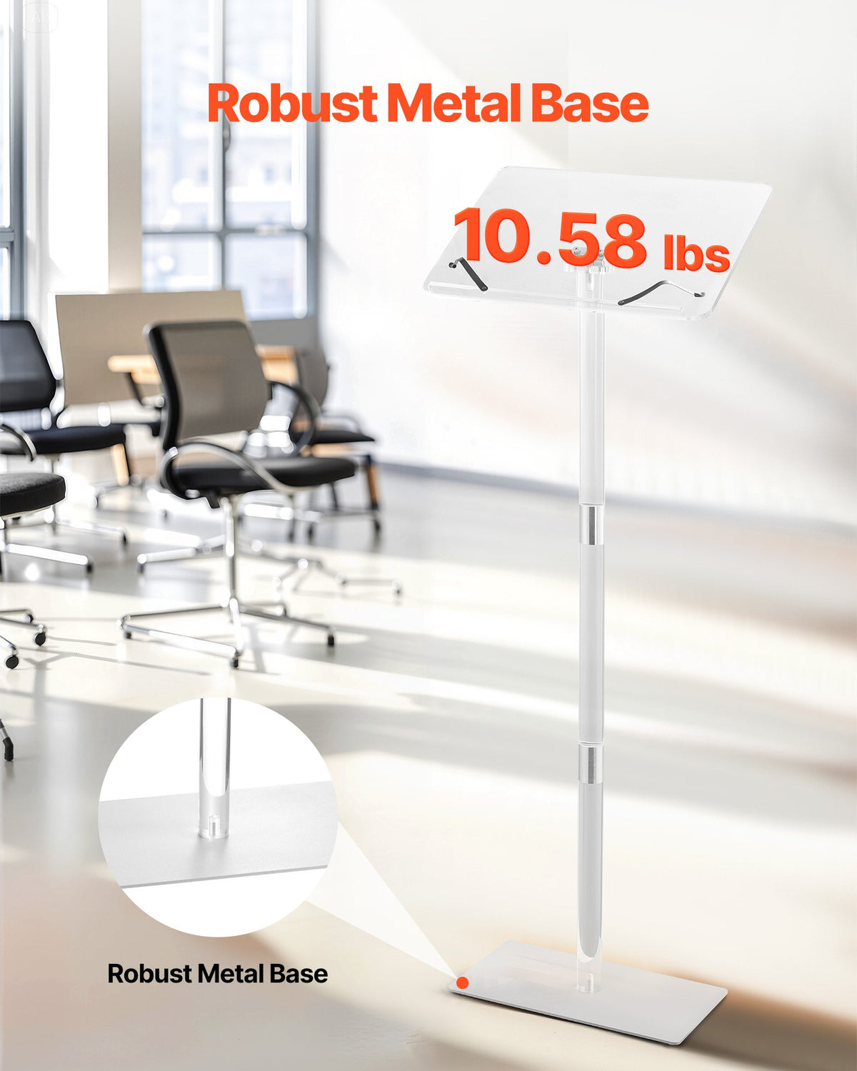 VEVOR Podium Stand, 1100 mm Acrylic Lectern, Portable Laptop Desk with Wide Reading Surface, Book Clips, Adjustable Angle, Floor-Standing, for Classroom, Wedding, Conference, Lecture and Concert